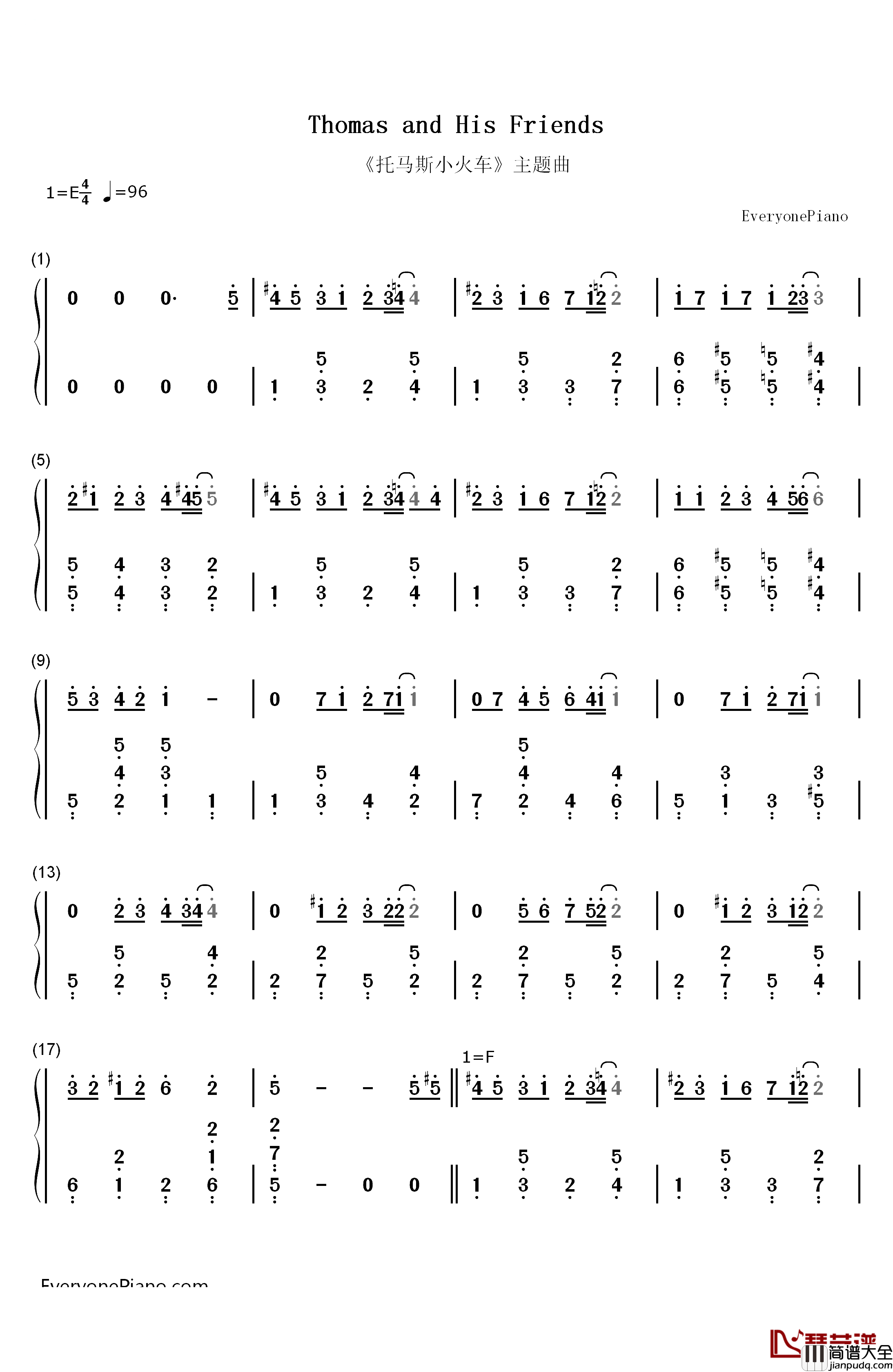 托马斯和他的朋友们钢琴简谱_数字双手_Britt_Allcroft
