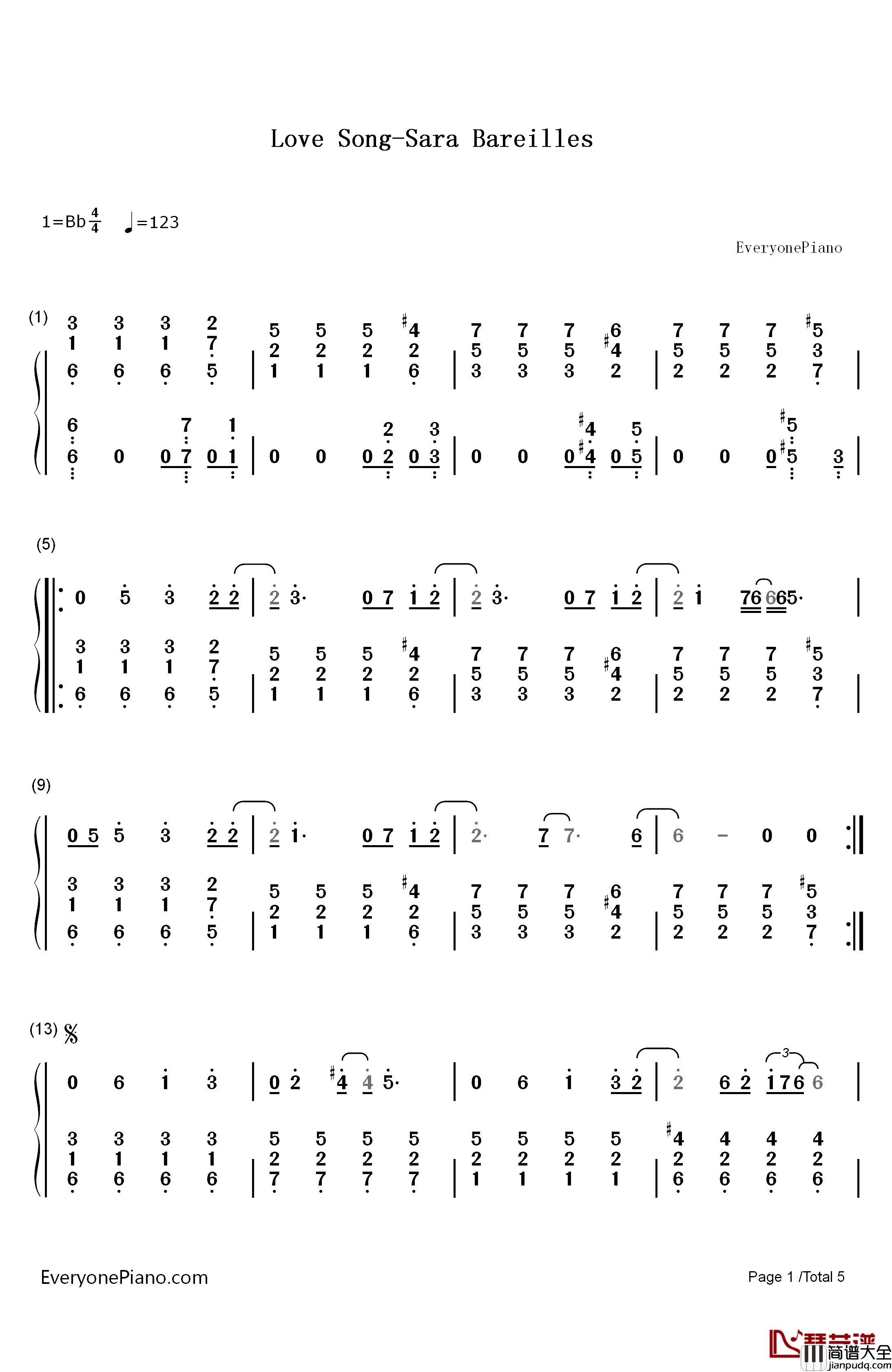 Love_Song钢琴简谱_数字双手_Sara_Bareilles