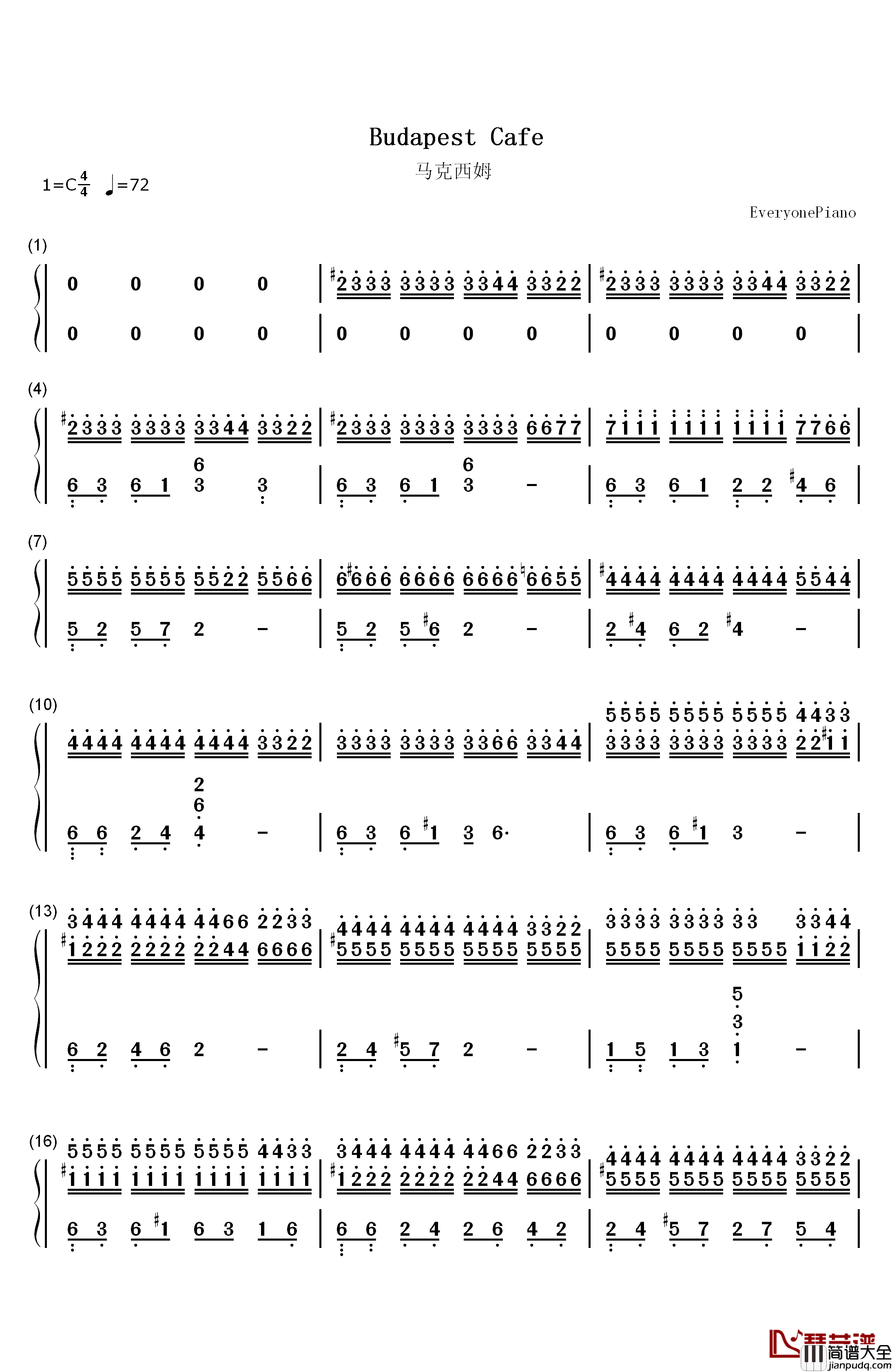 Budapest_Cafe钢琴简谱_数字双手_马克西姆