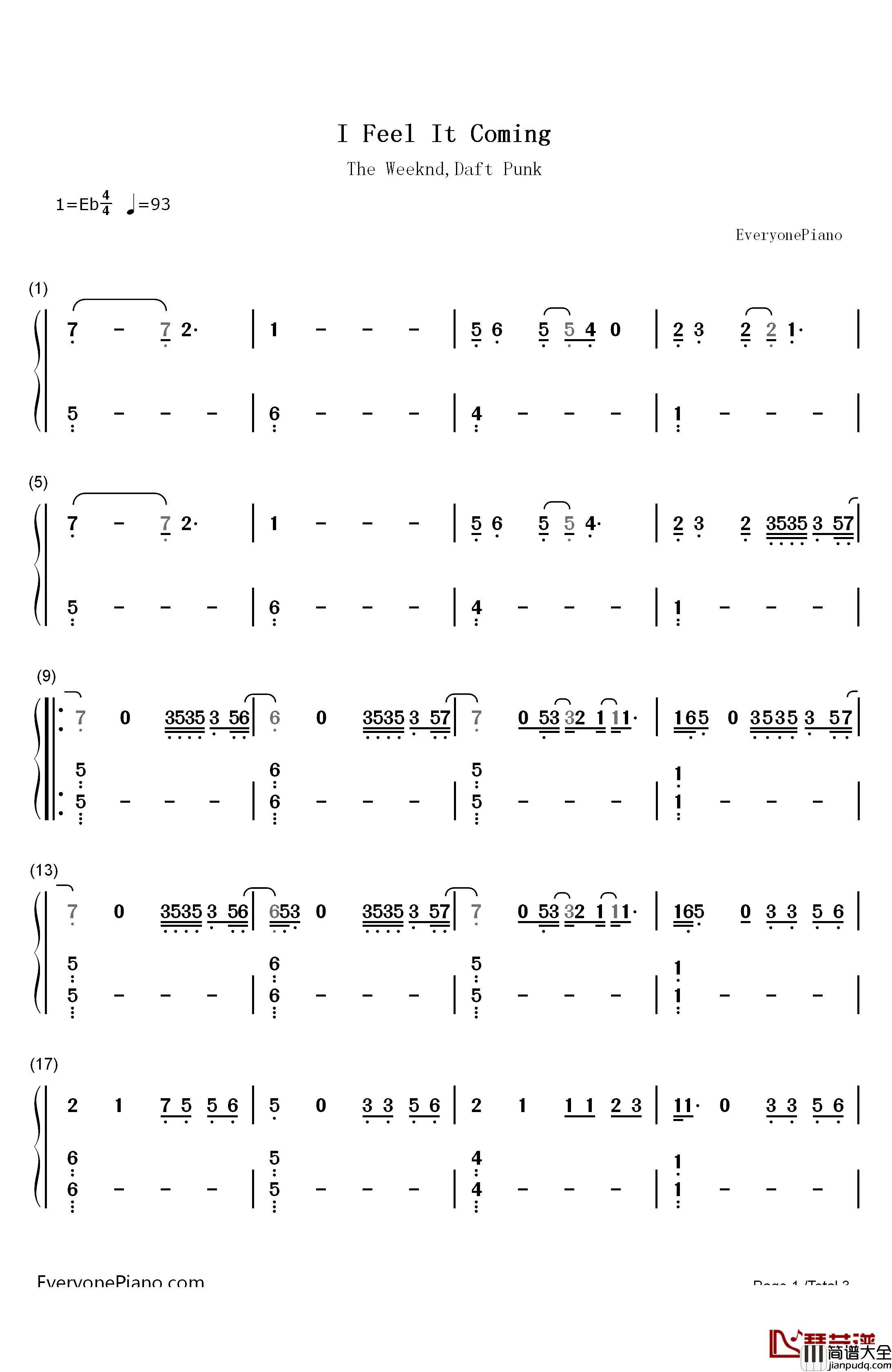 I_Feel_It_Coming钢琴简谱_数字双手_The_Weeknd_Daft_Punk