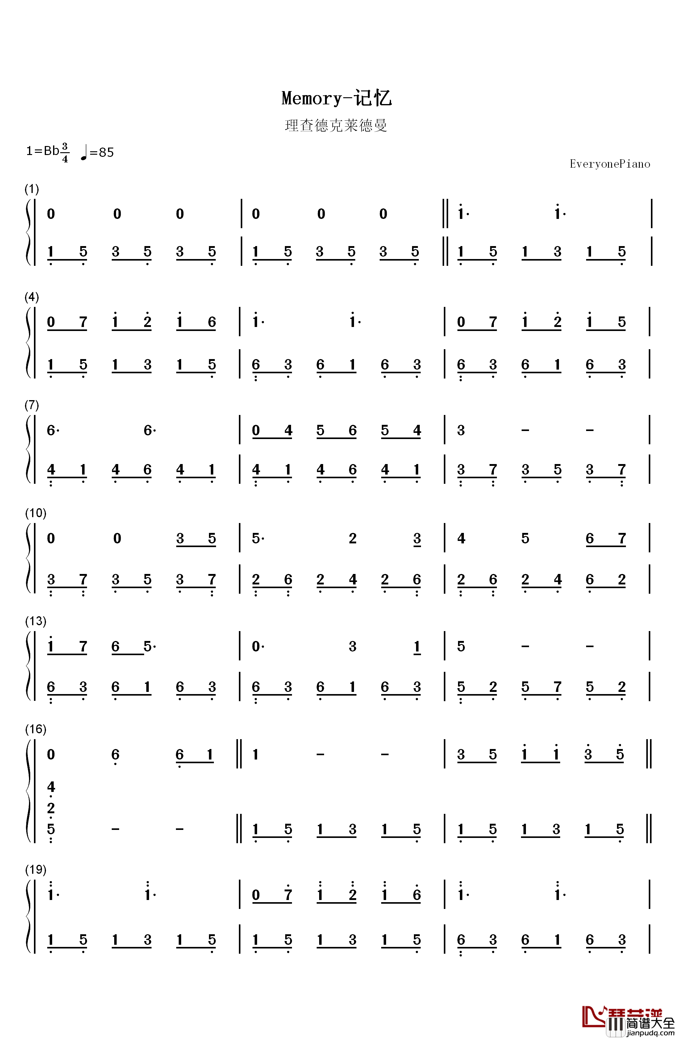 记忆MEMORY钢琴简谱_数字双手_理查德•克莱德曼