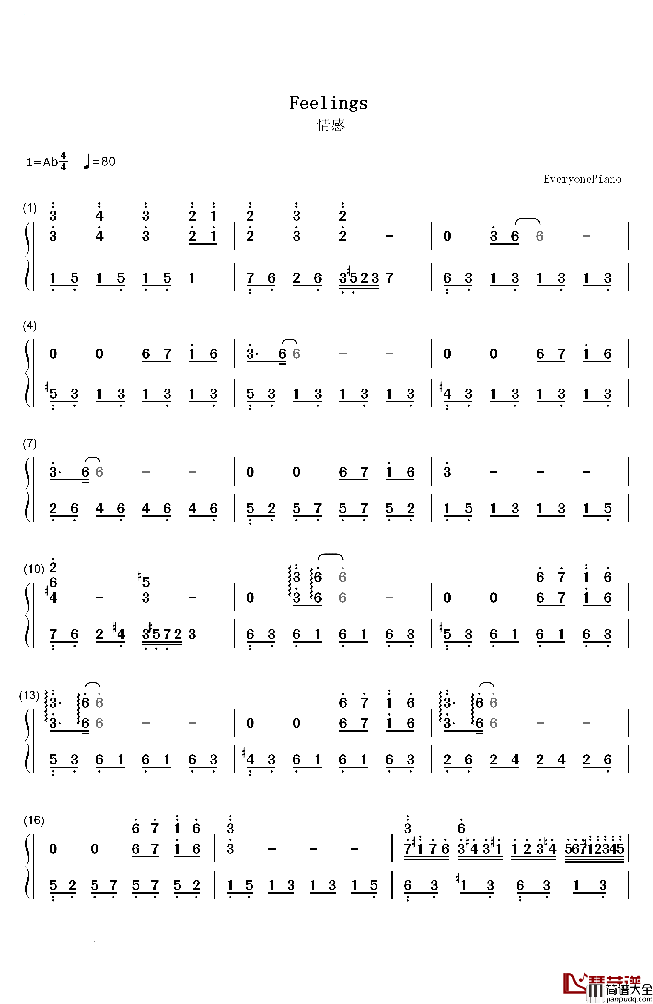 情感钢琴简谱_数字双手_理查德•克莱德曼