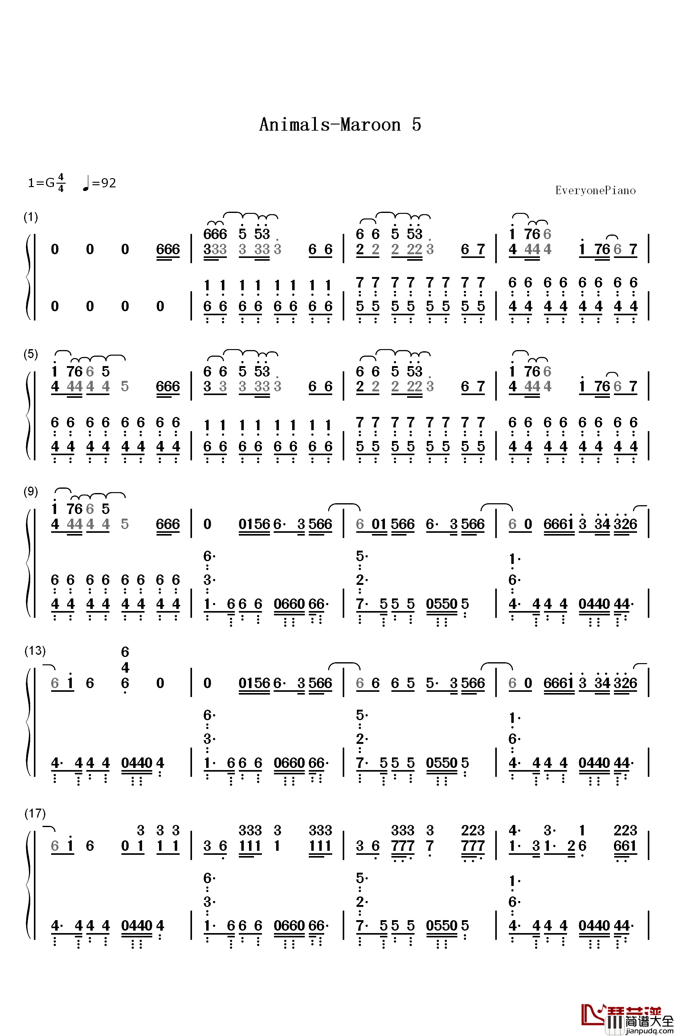 Animals钢琴简谱_数字双手_Maroon_5