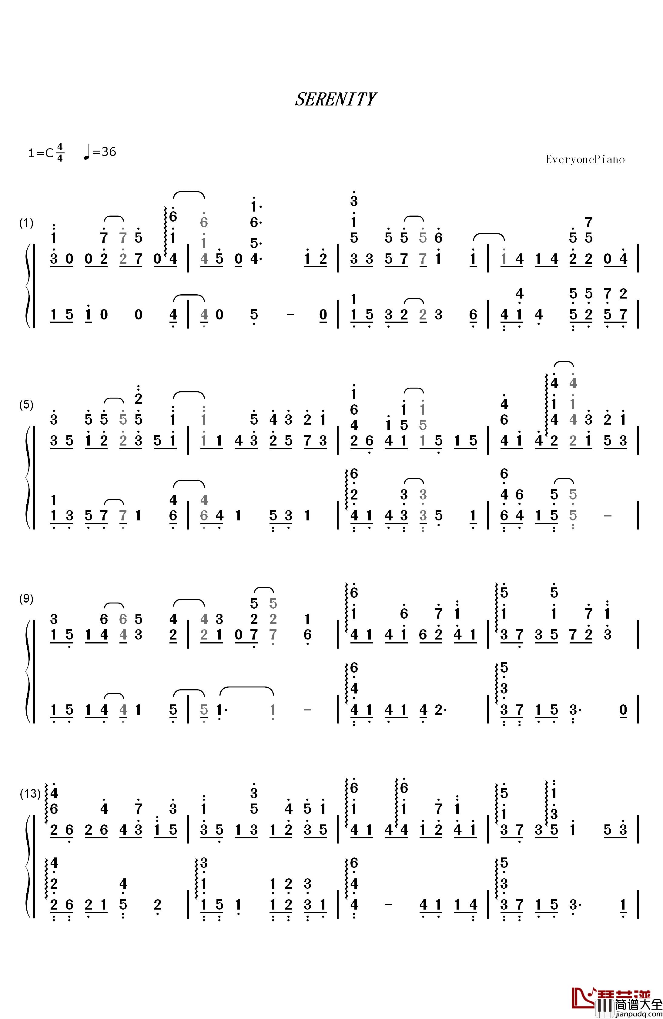 Serenity钢琴简谱_数字双手_Robert_Haig_Coxon