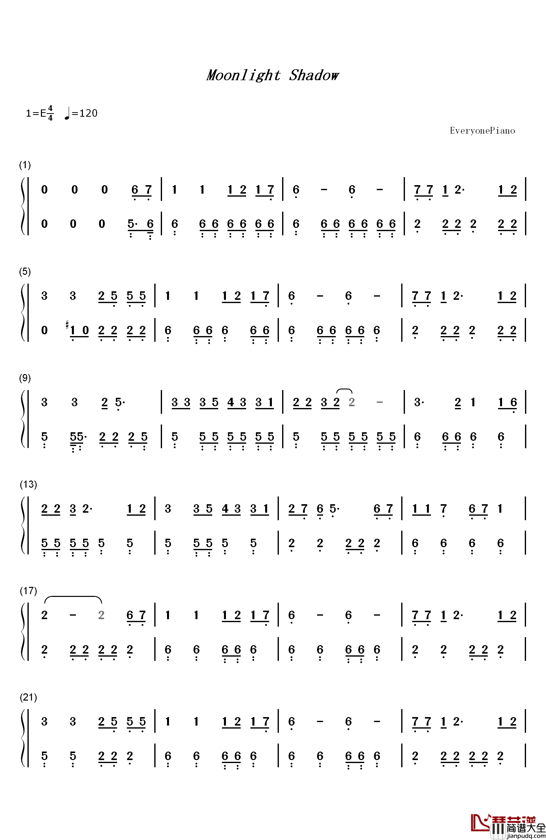 Moonlight_Shadow钢琴简谱_数字双手_迈克·欧菲尔德
