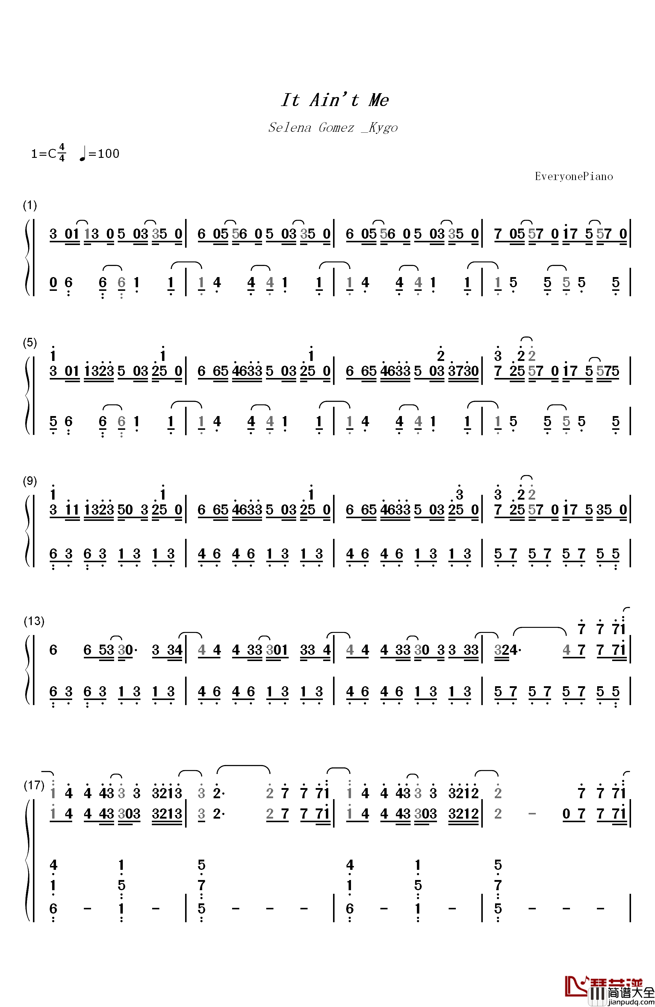 It_Ain't_Me钢琴简谱_数字双手_Selena_Gomez