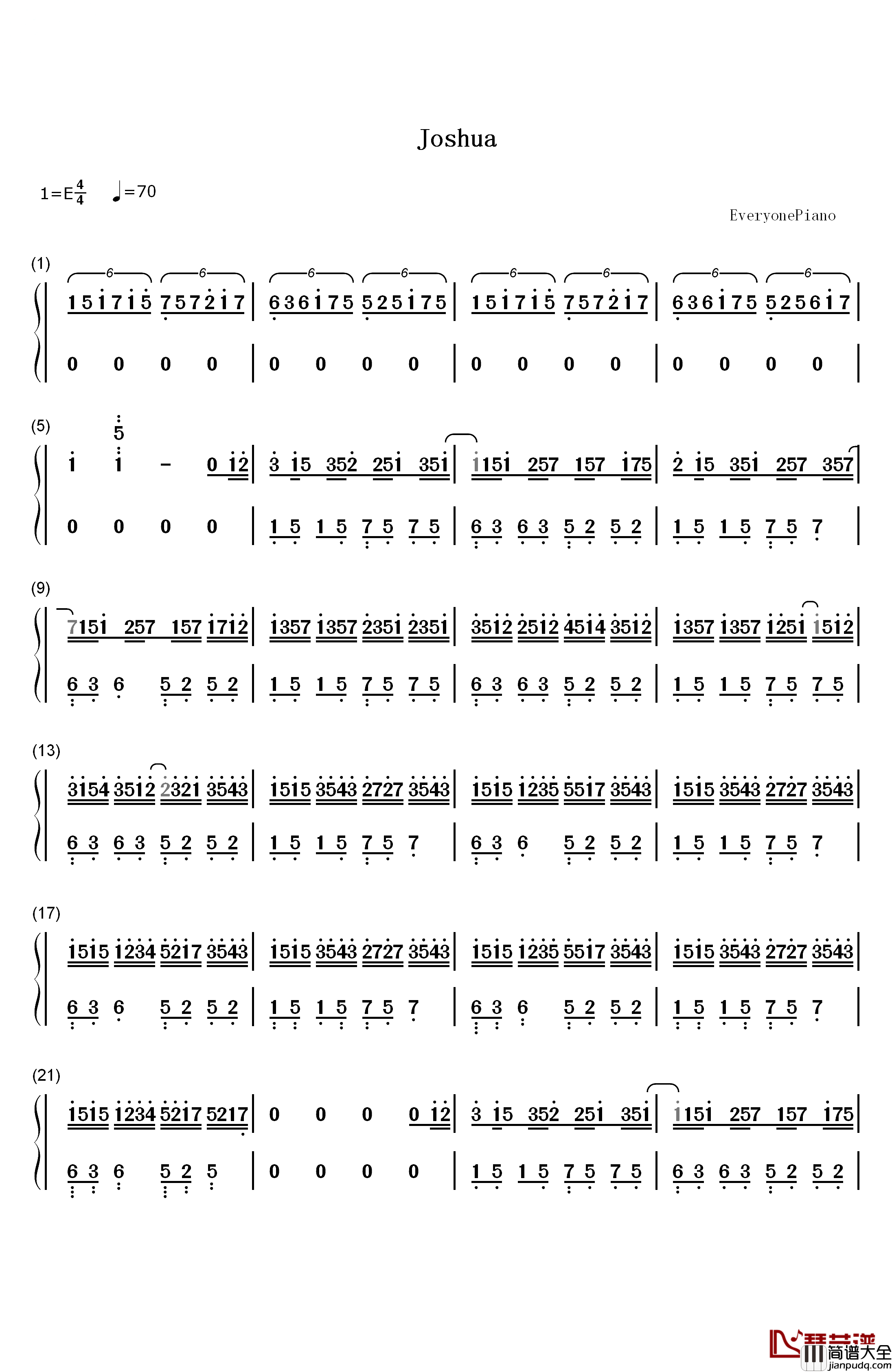 Joshua钢琴简谱_数字双手_October