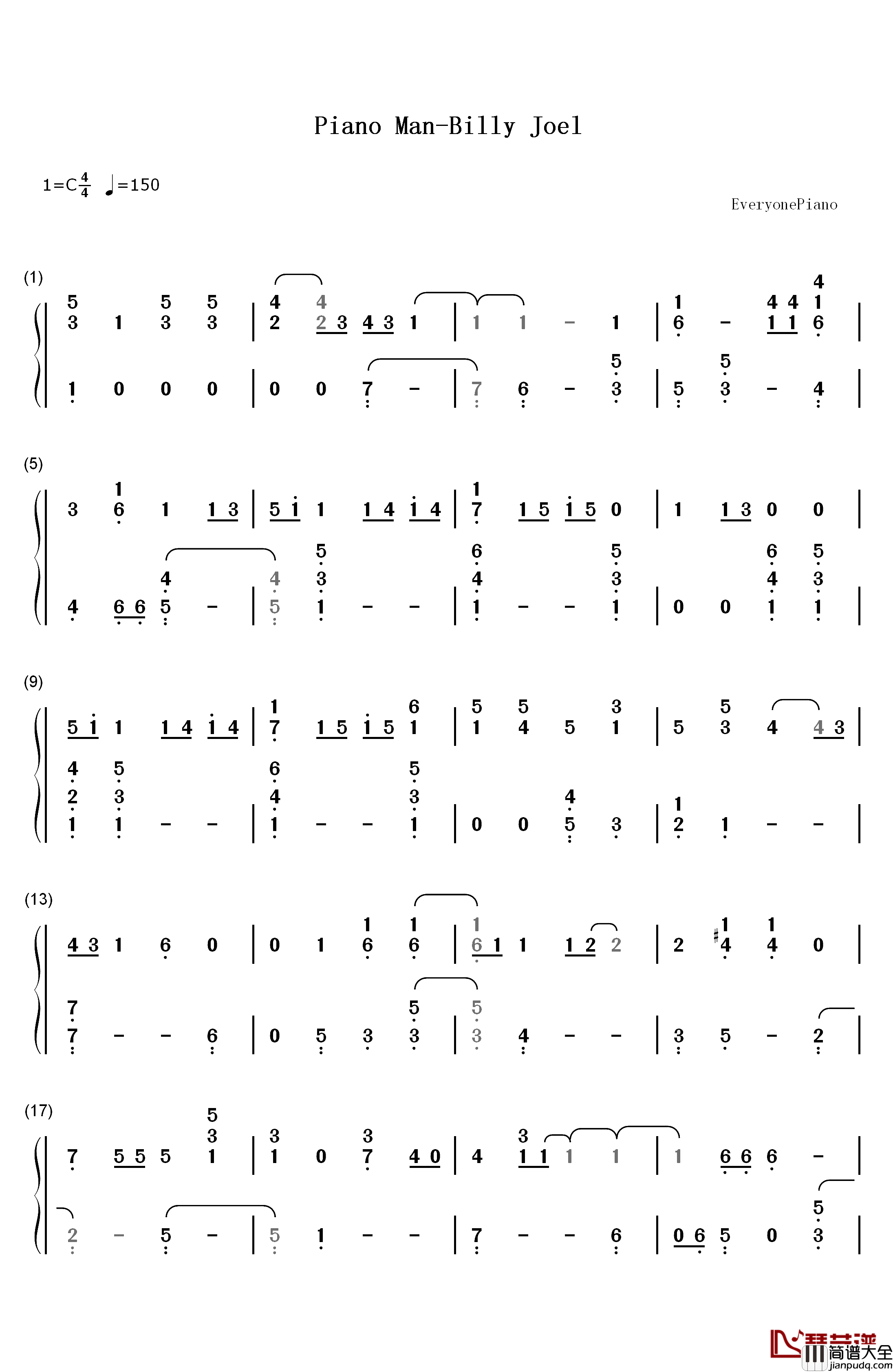 Piano_Man钢琴简谱_数字双手_Billy_Joel