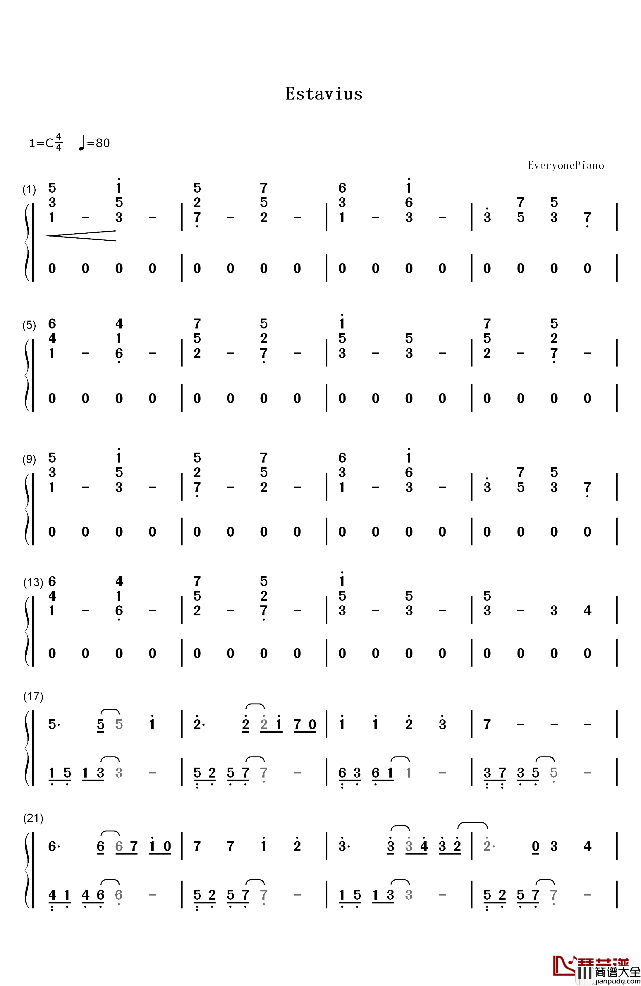 Estavius钢琴简谱_数字双手_Phyrnna