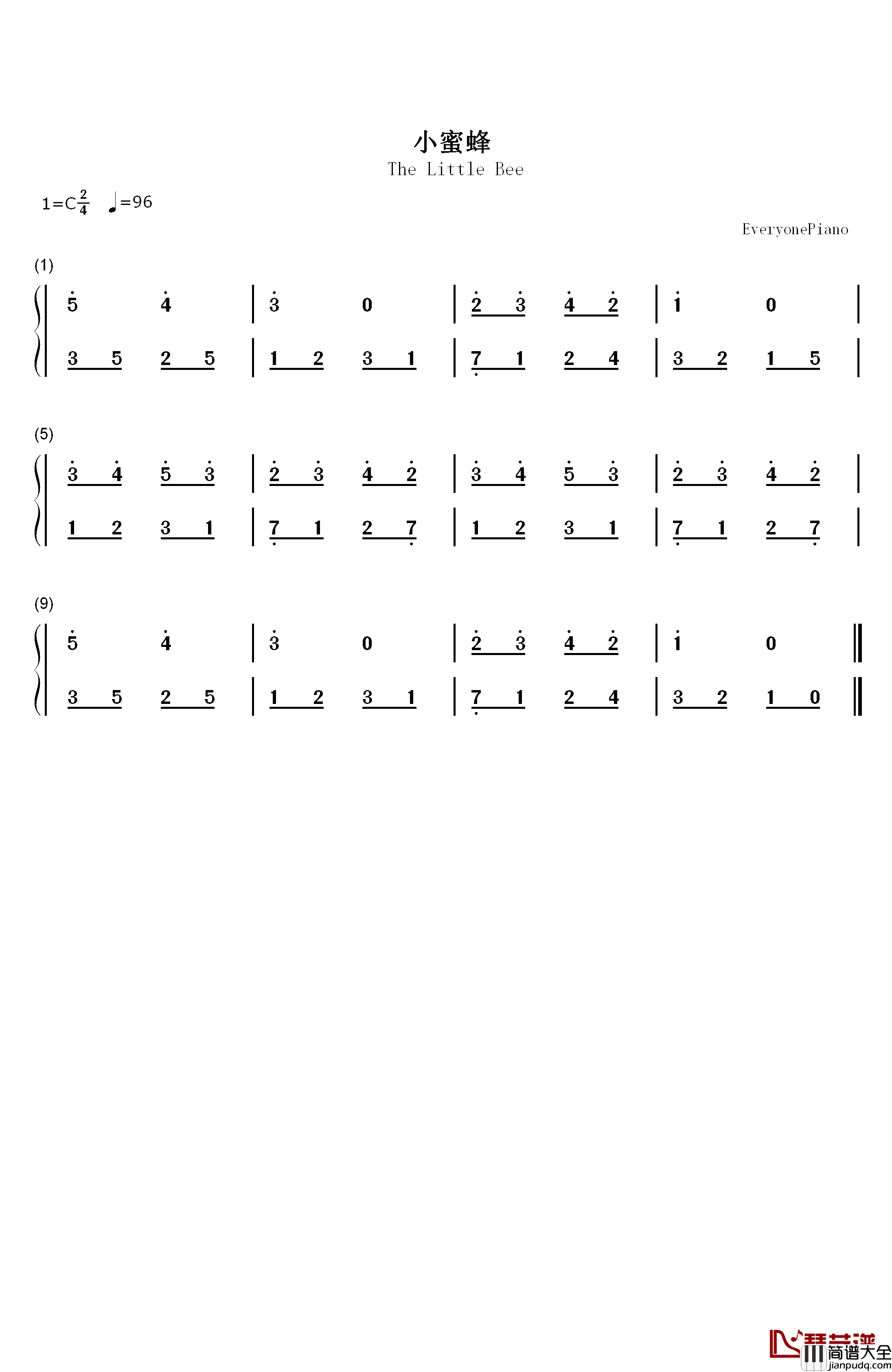 小蜜蜂钢琴简谱_数字双手_小蓓蕾合唱团