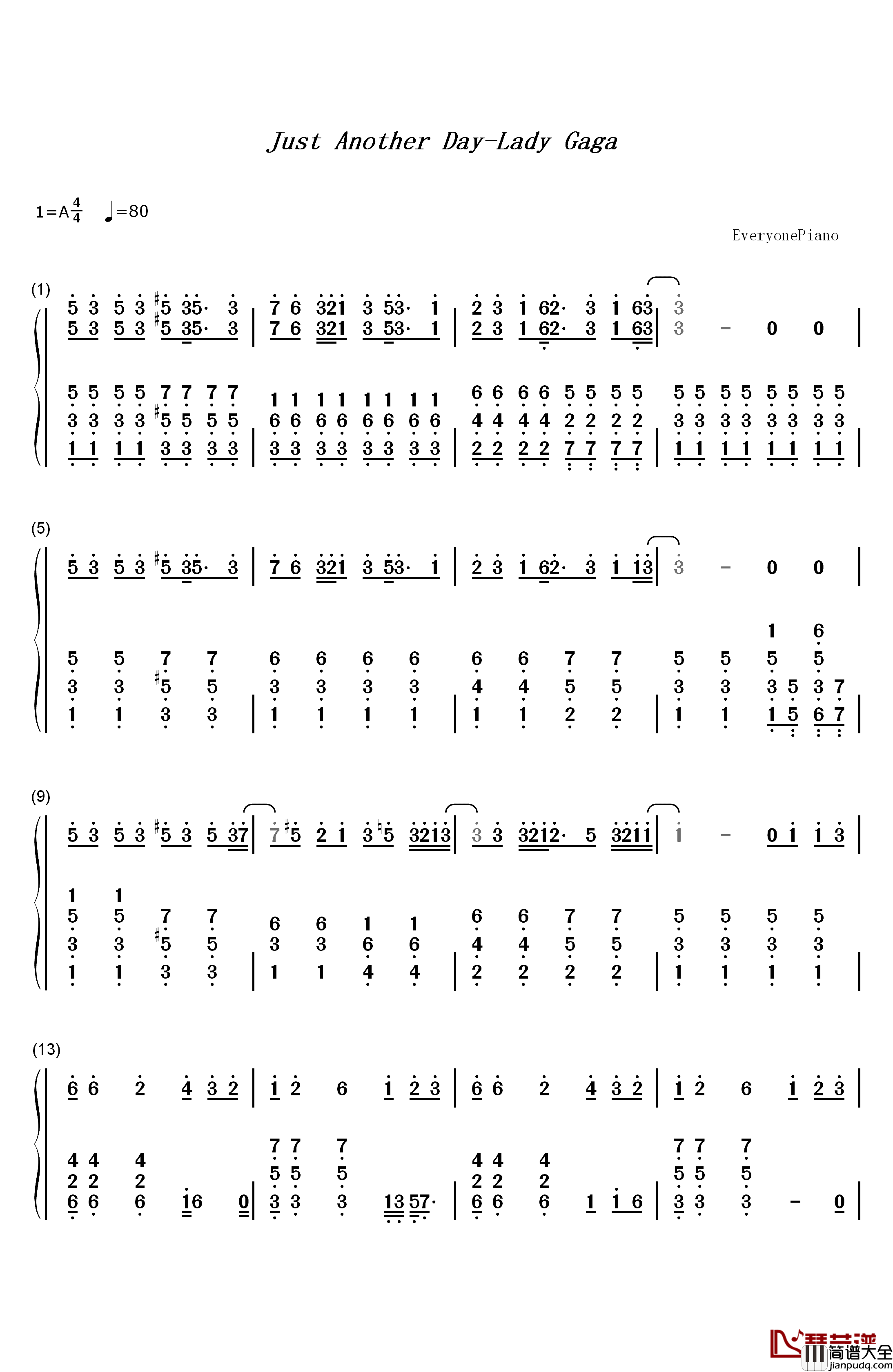 Just_Another_Day钢琴简谱_数字双手_Lady_Gaga