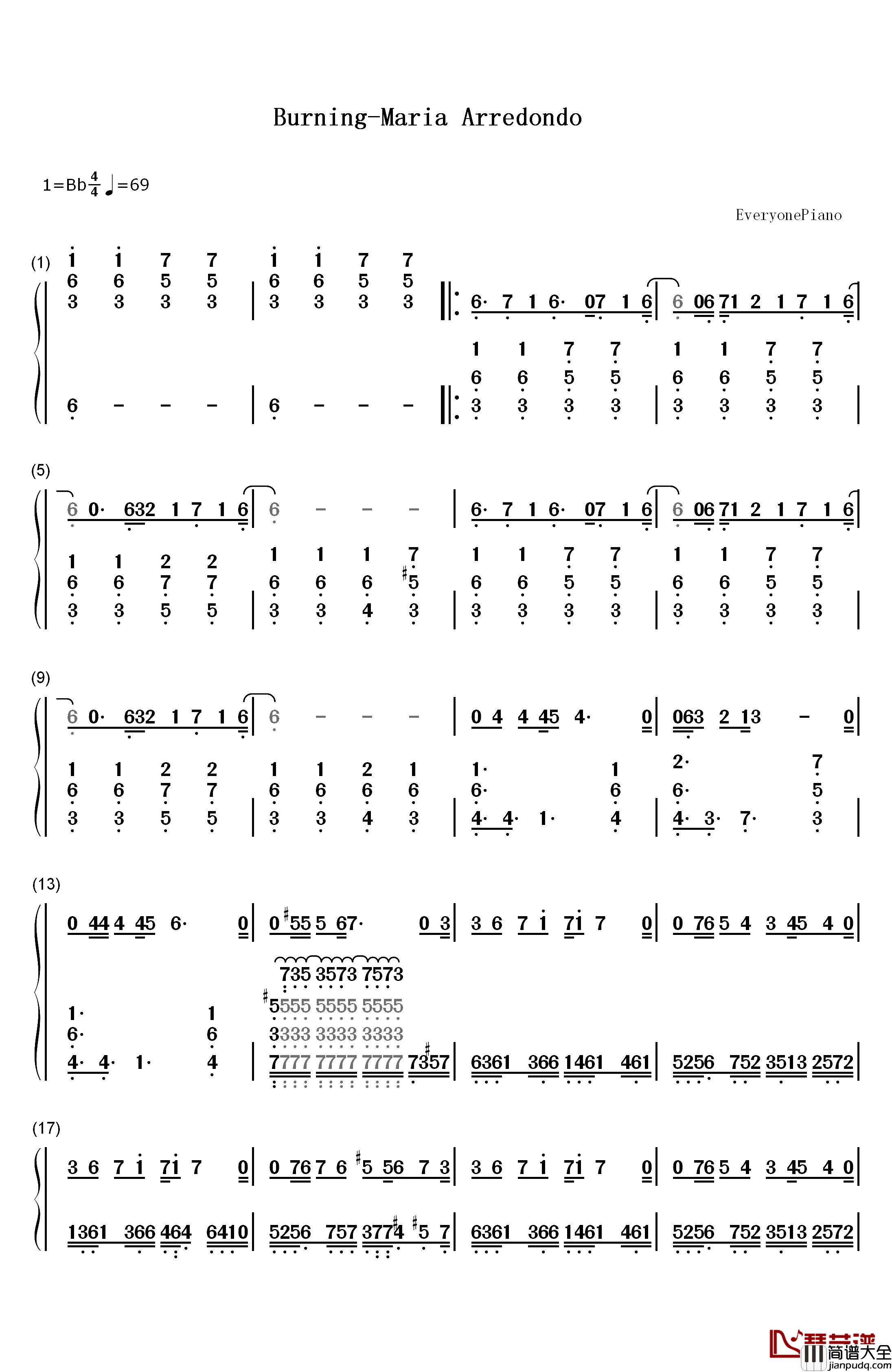 Burning燃烧钢琴简谱_数字双手_玛丽亚·亚瑞唐多__Maria_Arredondo