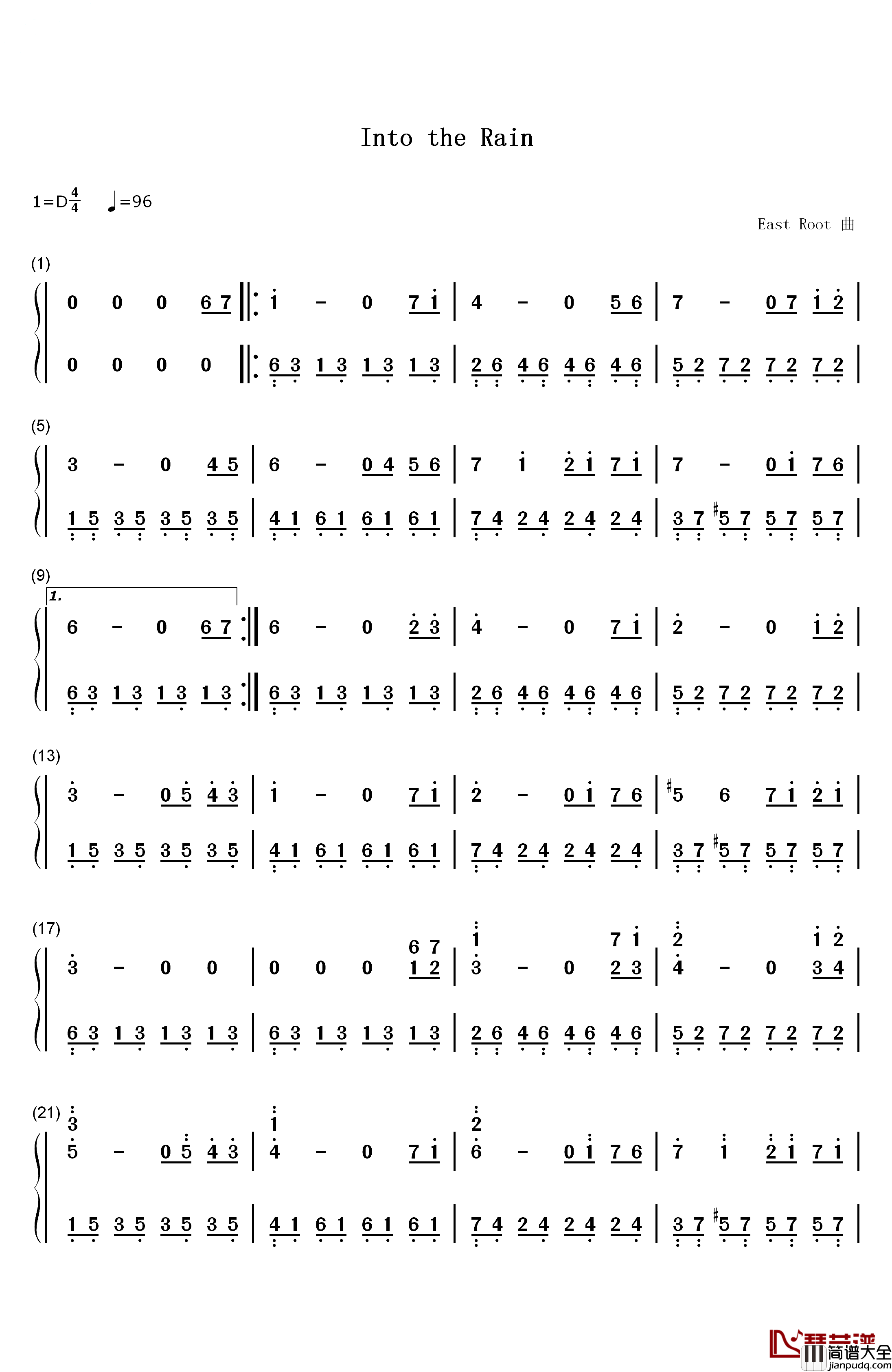 Into_The_Rain钢琴简谱_数字双手_East_Root