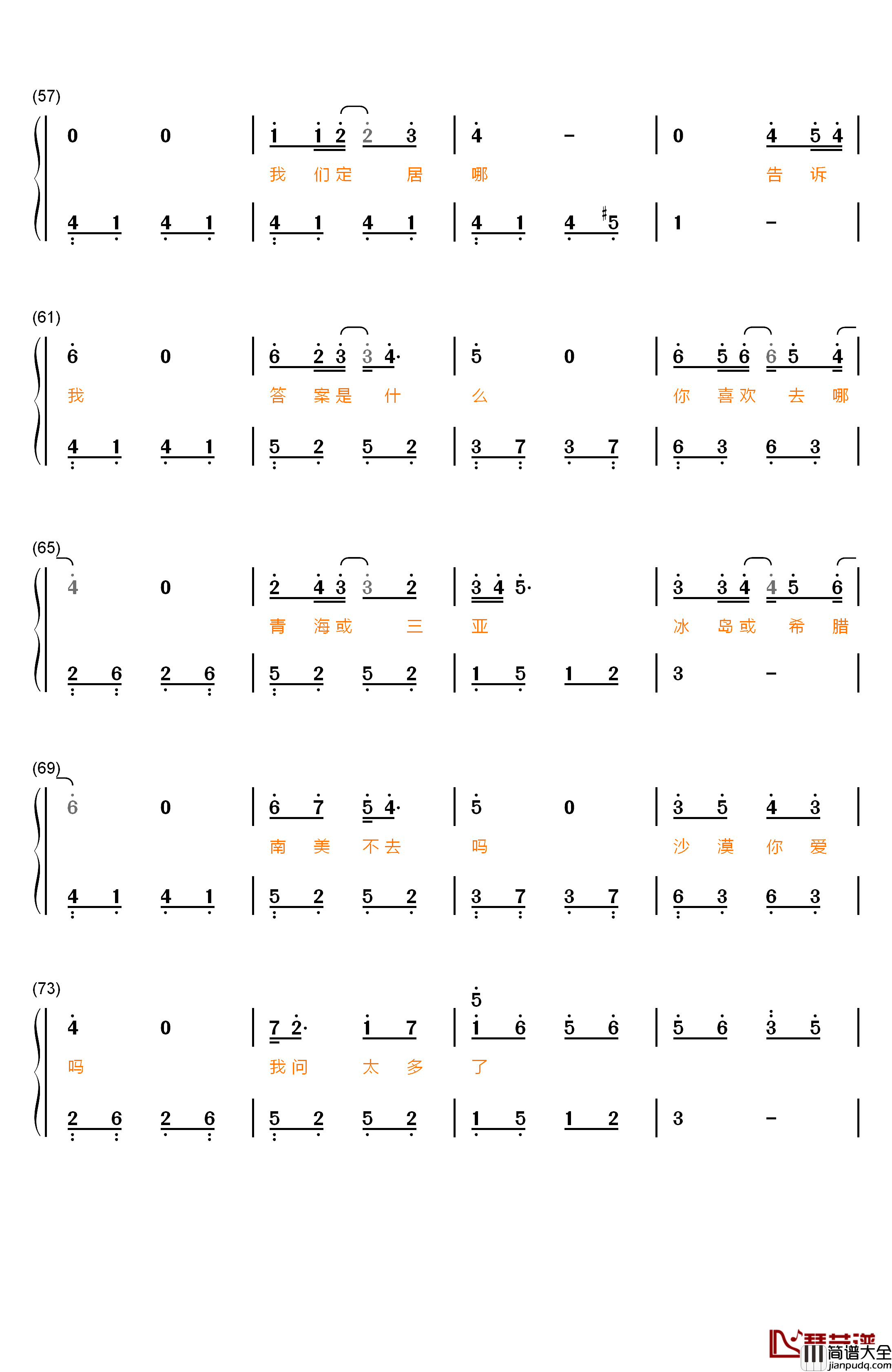 我喜欢上你时的内心活动钢琴简谱_数字双手_陈绮贞