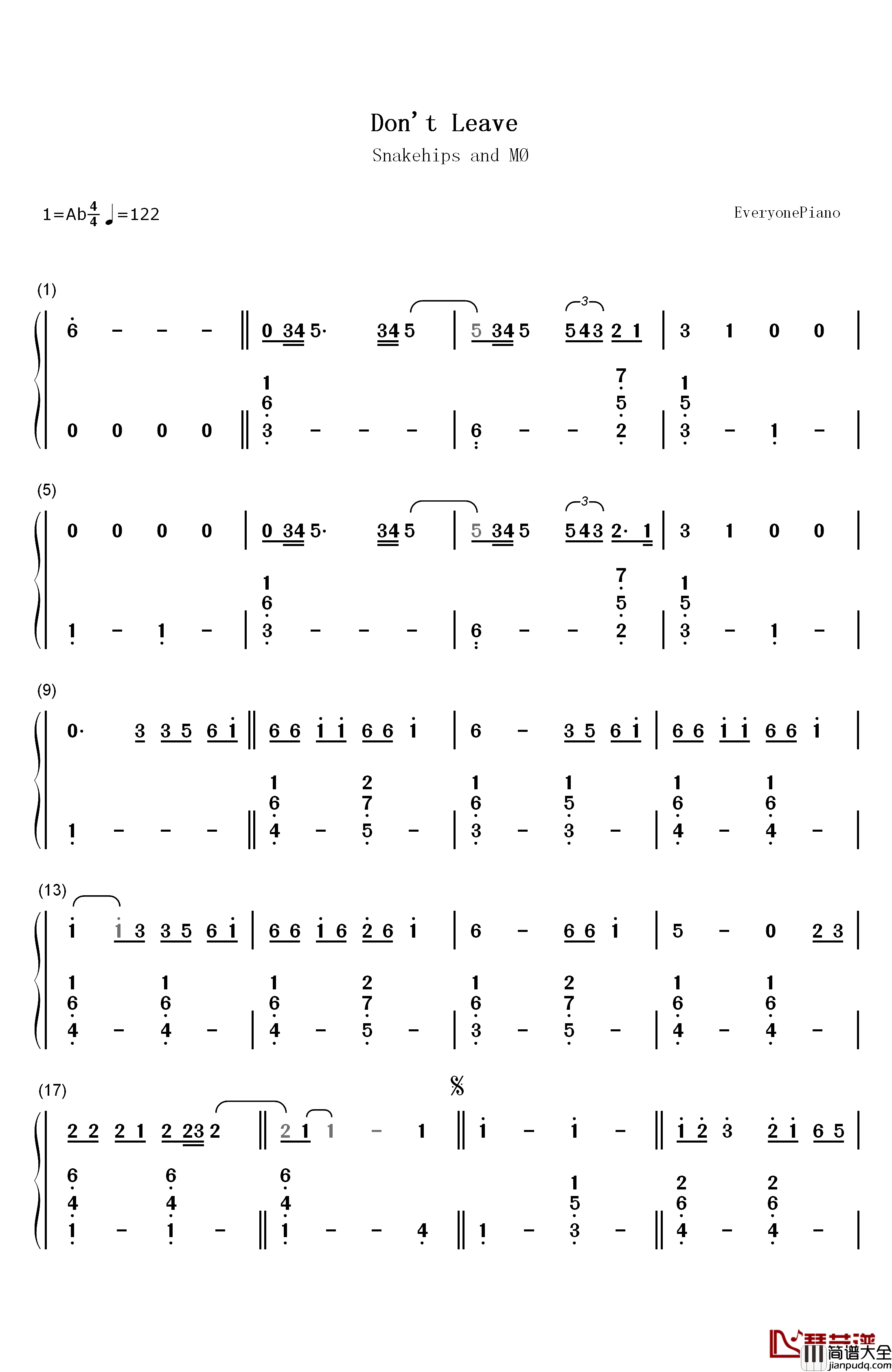 Don't_Leave钢琴简谱_数字双手_Snakehips_MØ