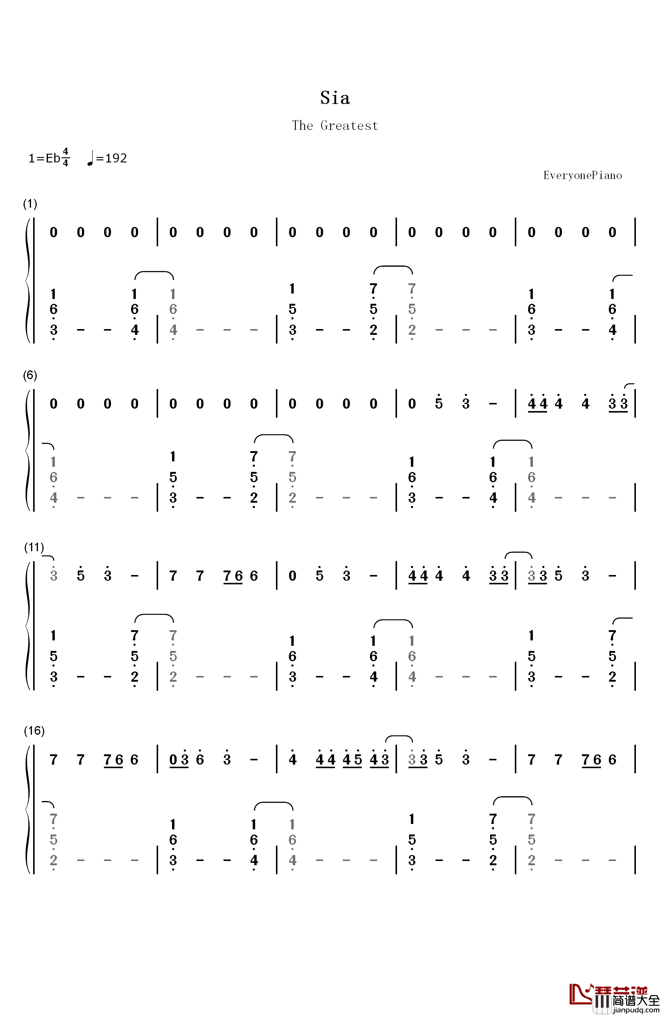 The_Greatest钢琴简谱_数字双手_Sia