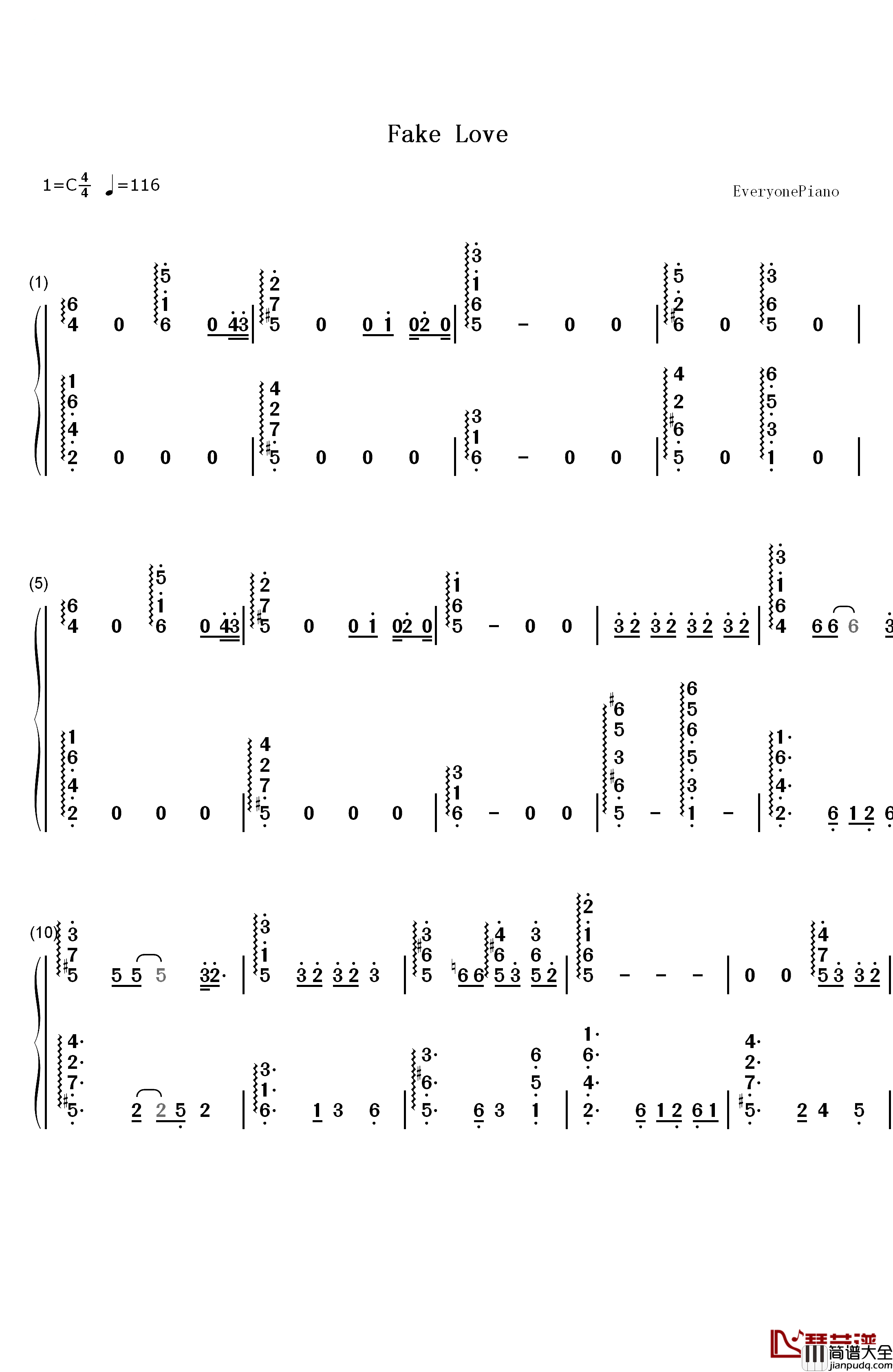 Fake_Love钢琴简谱_数字双手_Drake