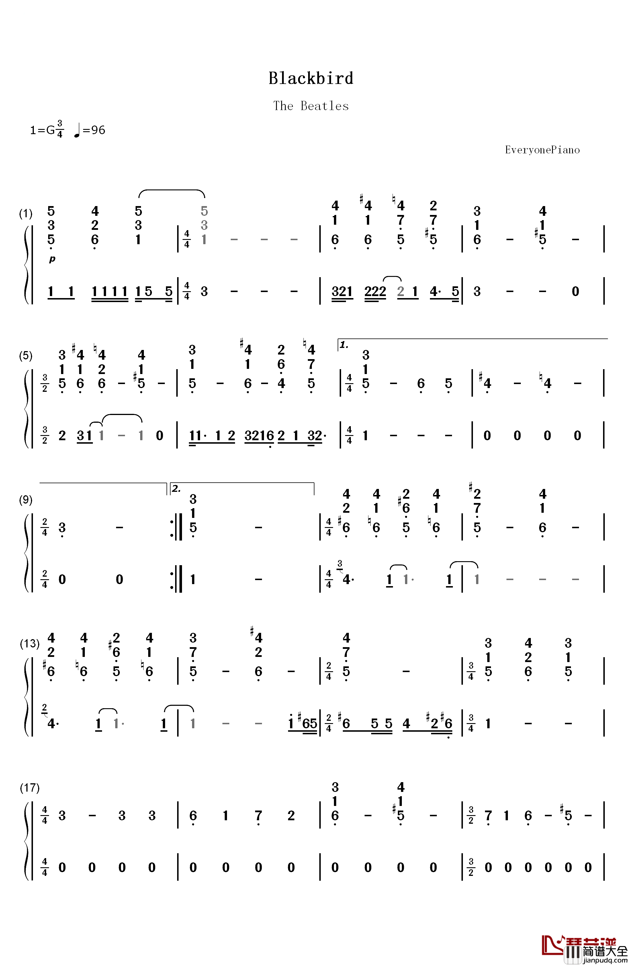 Blackbird钢琴简谱_数字双手_The_Beatles