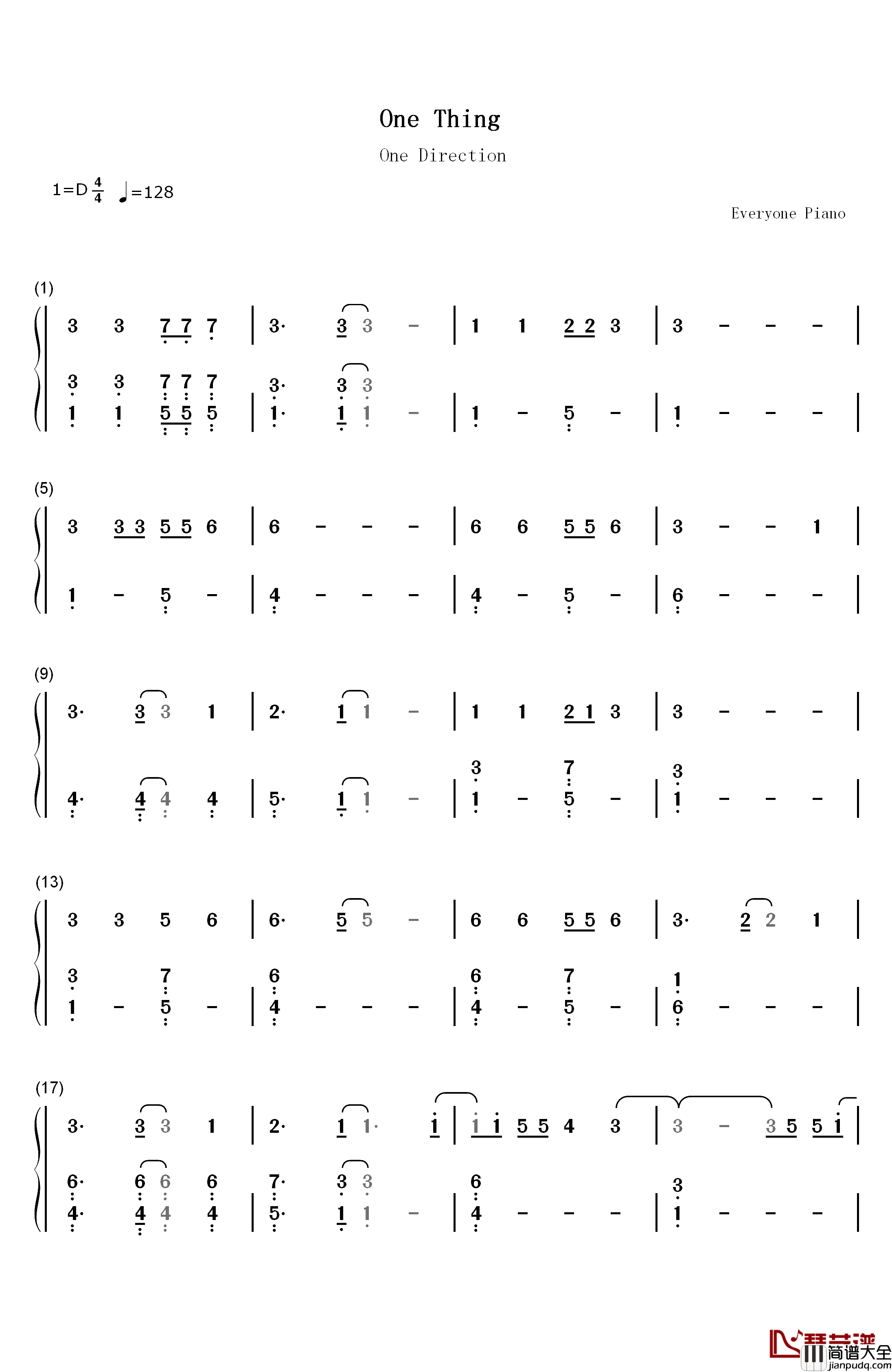 One_Thing钢琴简谱_数字双手_One_Direction