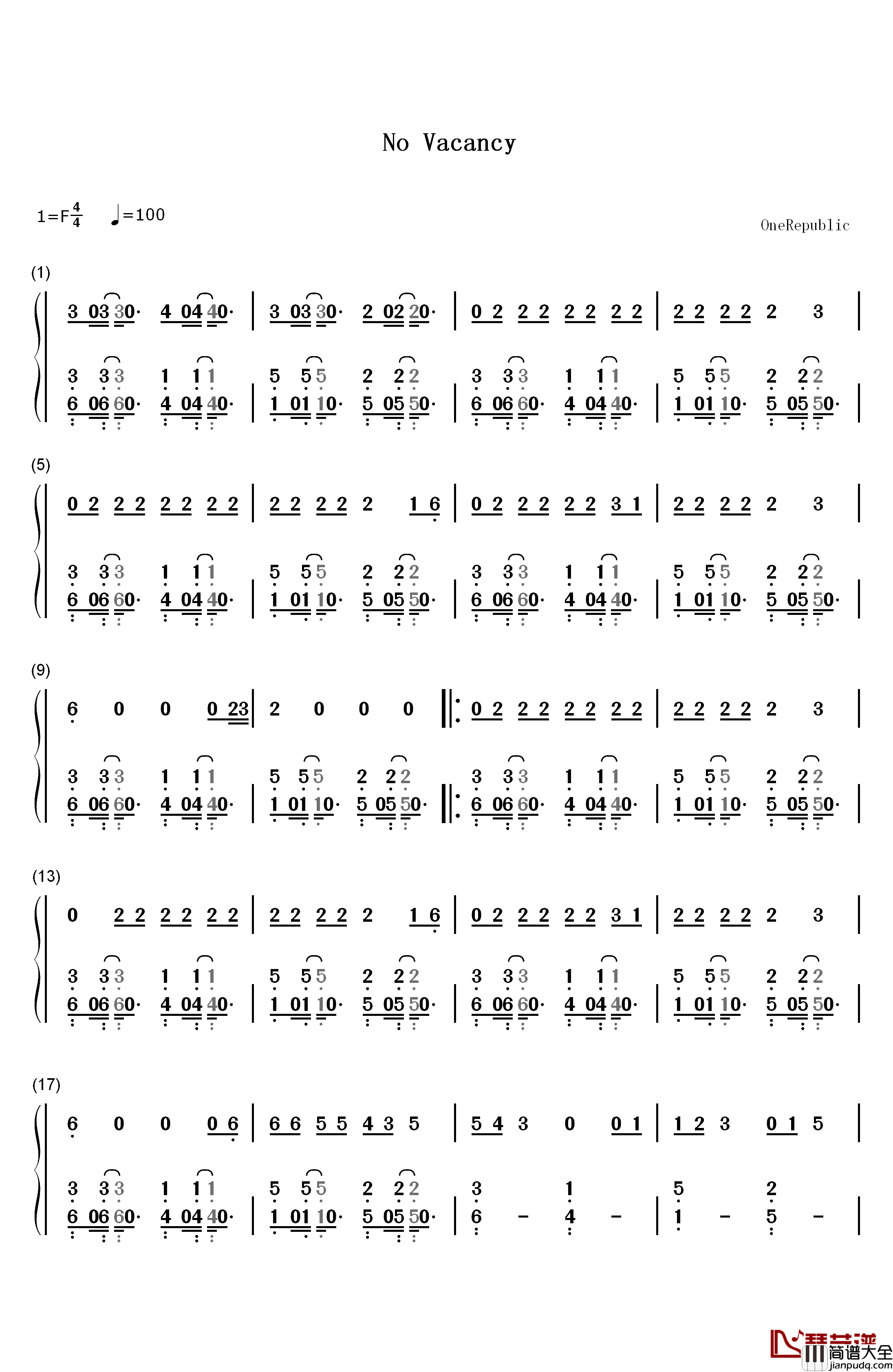 No_Vacancy钢琴简谱_数字双手_OneRepublic