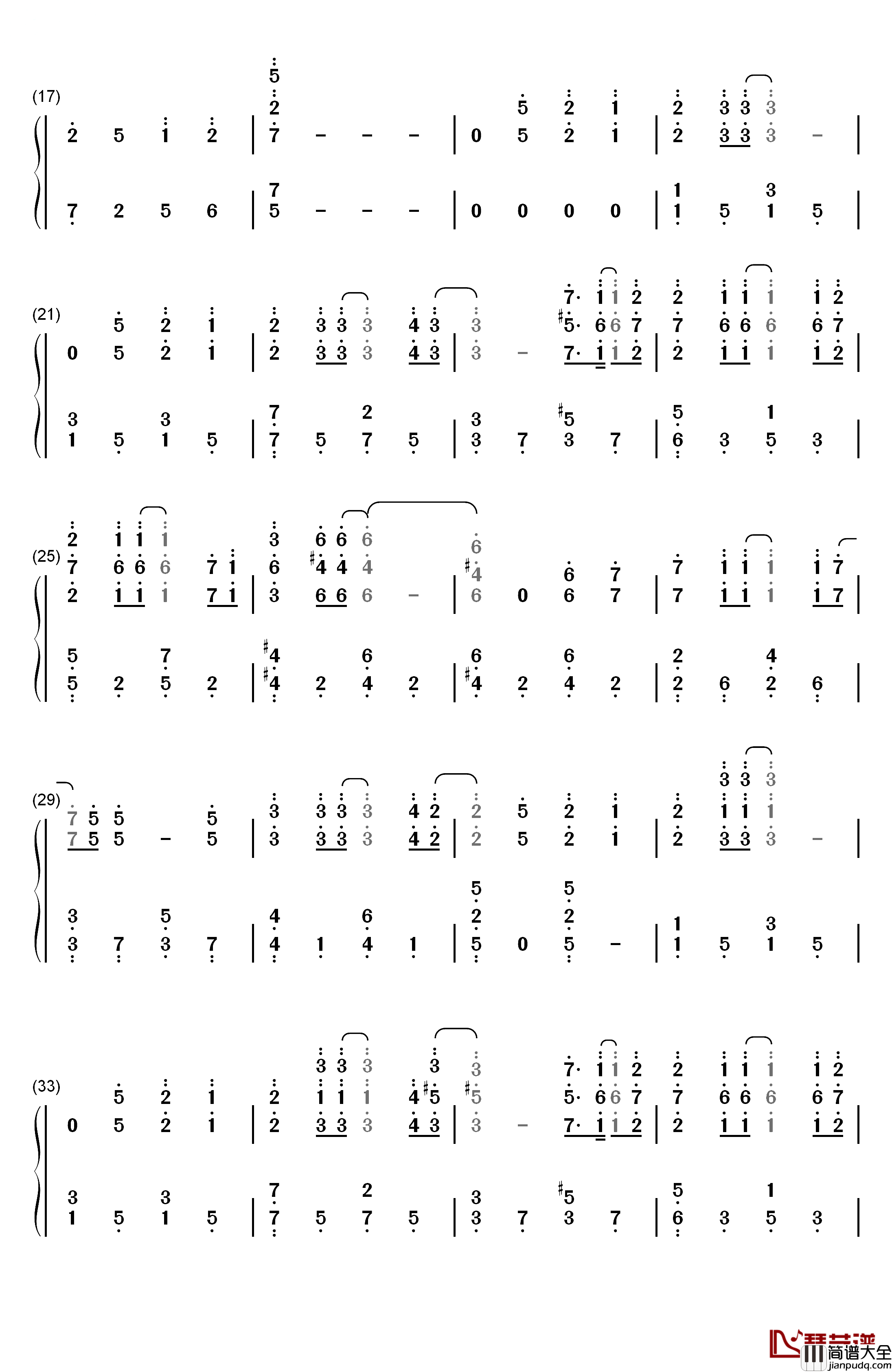 フリージア钢琴简谱_数字双手_Uru