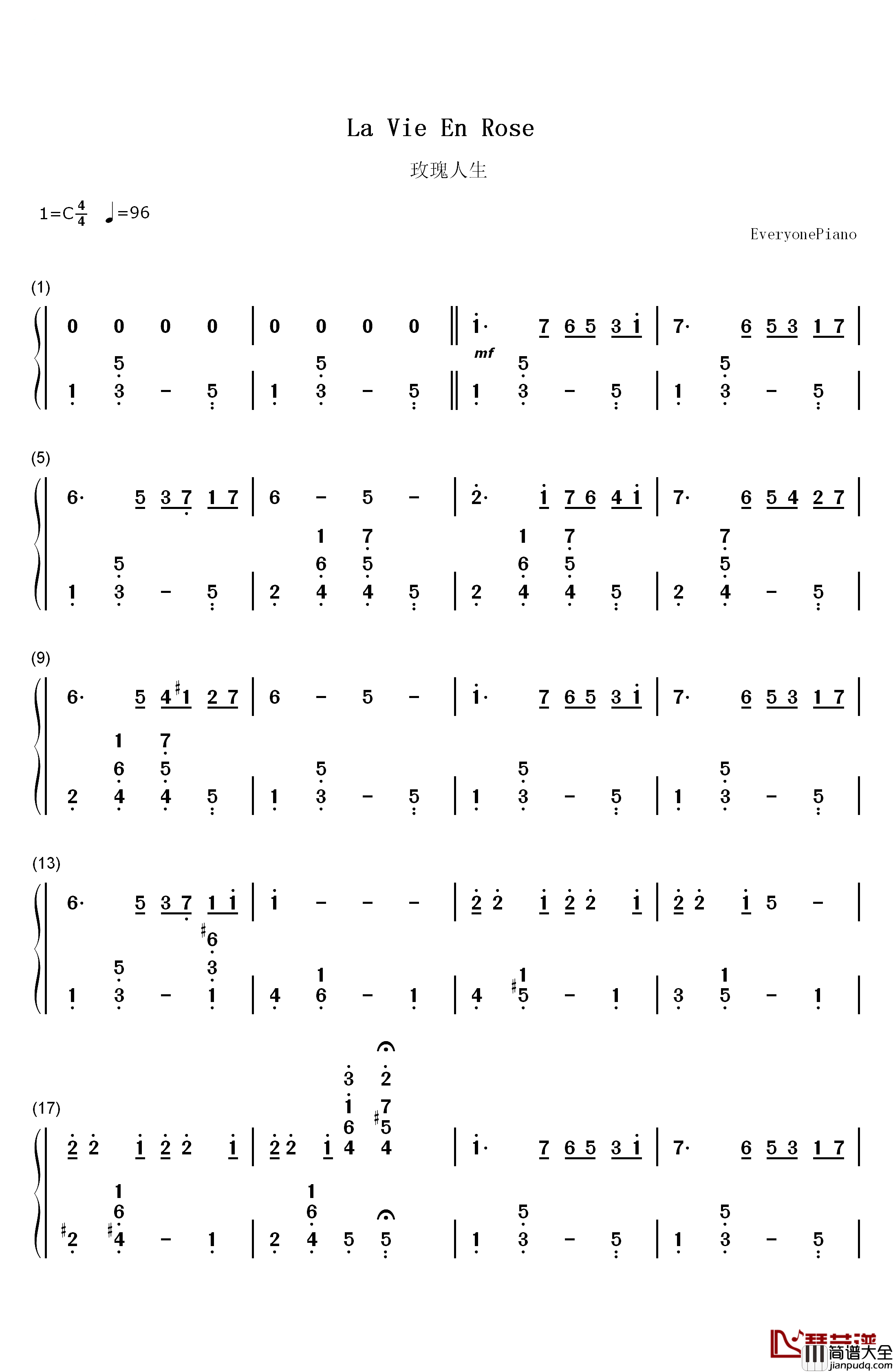 La_Vie_En_Rose钢琴简谱_数字双手_Edith_Piaf