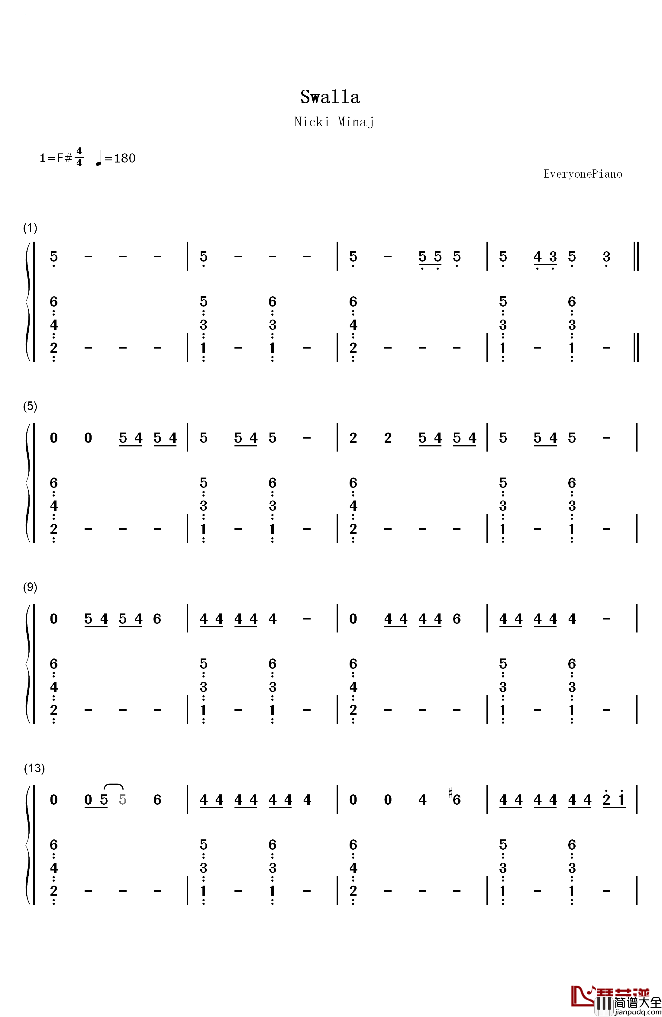 Swalla钢琴简谱_数字双手_Jason_Derulo