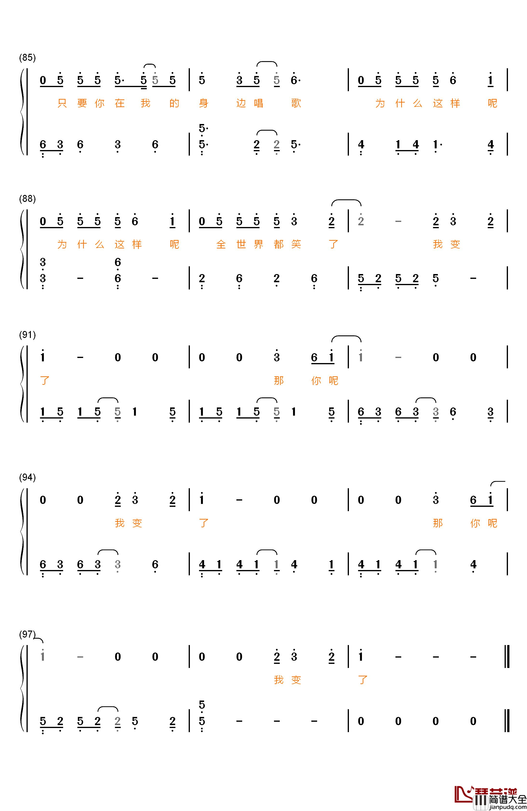 我变了钢琴简谱_数字双手_李宇春
