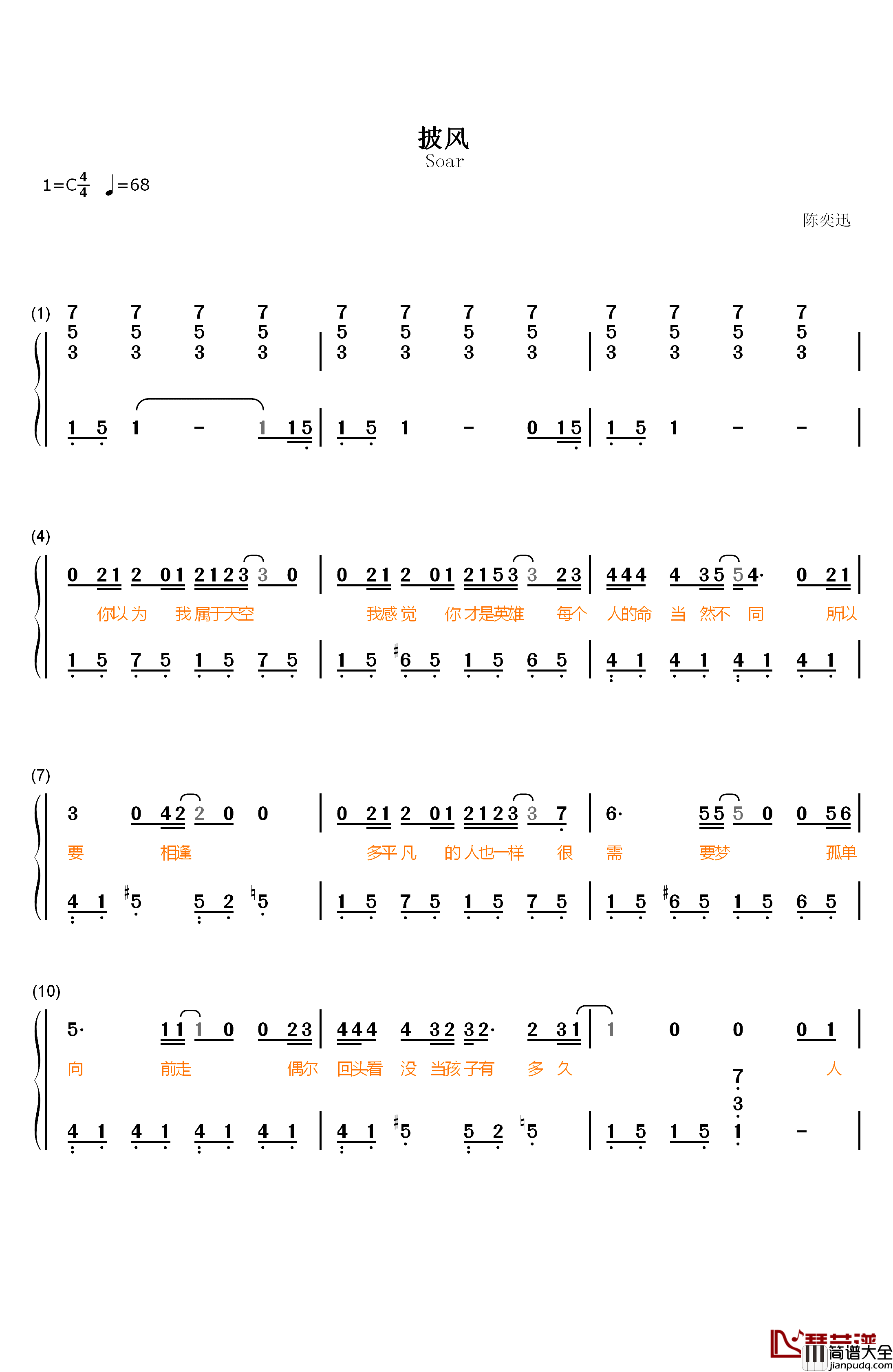 披风钢琴简谱_数字双手_陈奕迅