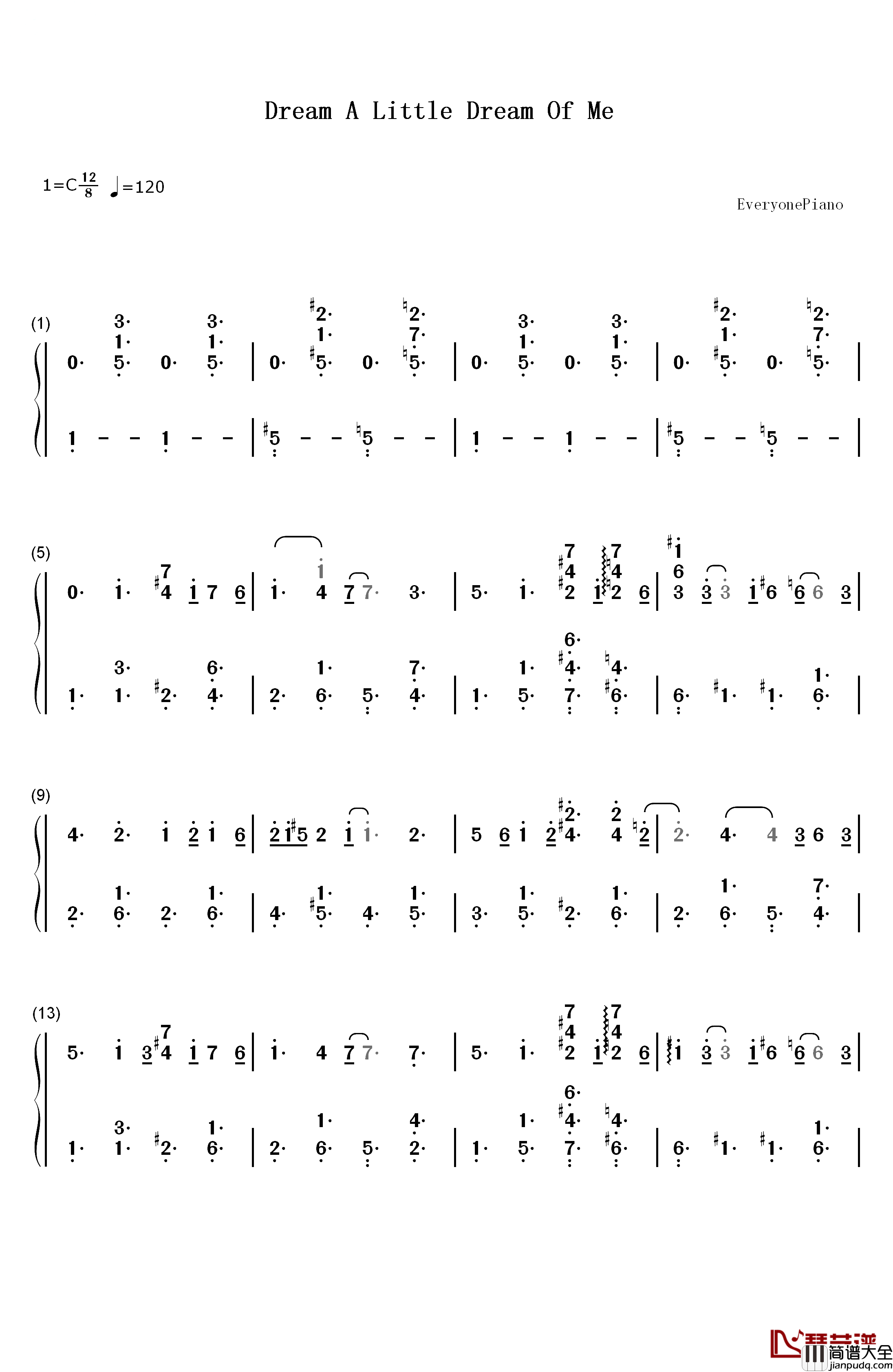 Dream_A_Little_Dream_Of_Me钢琴简谱_数字双手_Yiruma 李闰珉