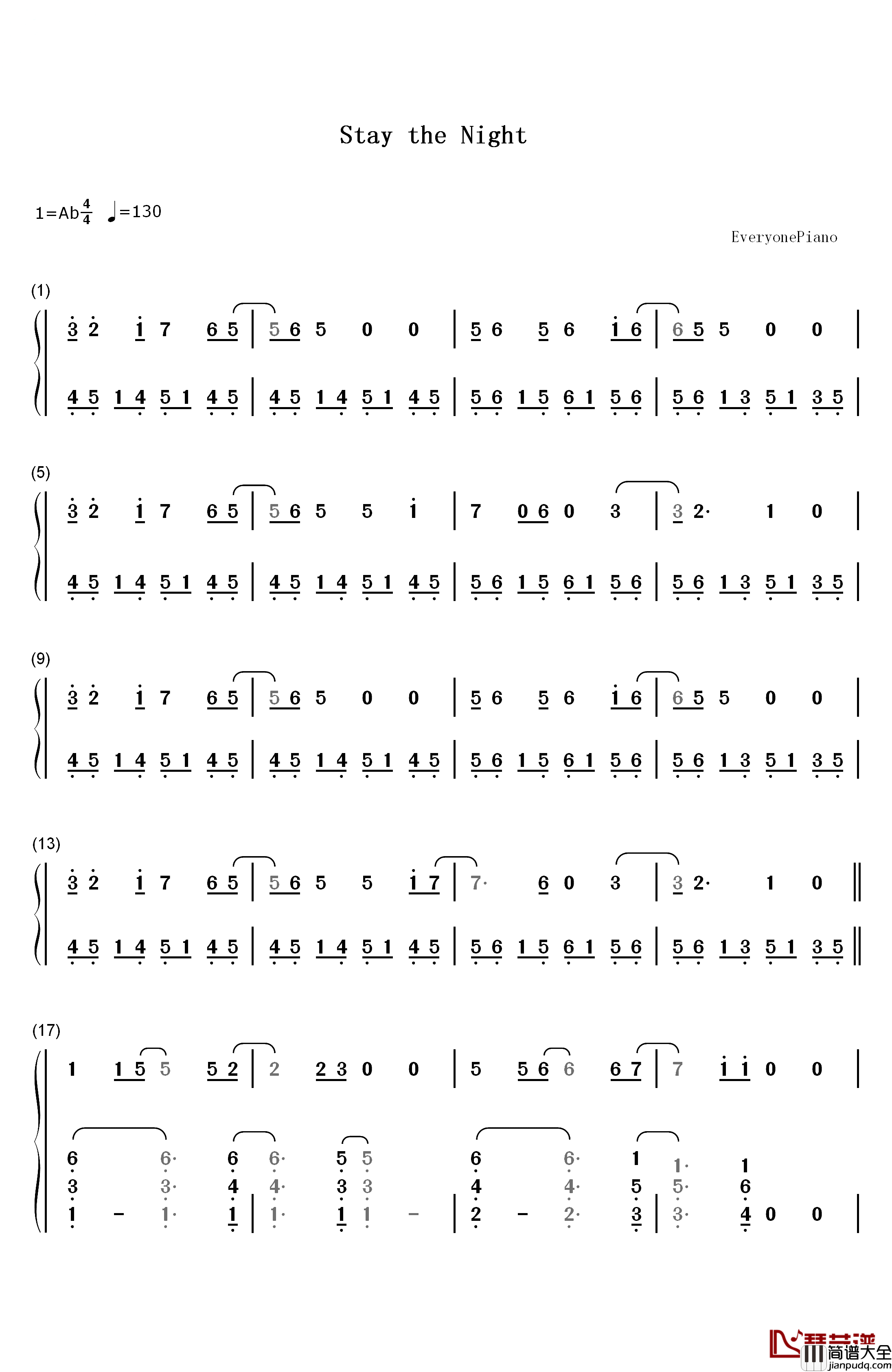 Stay_the_Night钢琴简谱_数字双手_Zedd&Hayley_Williams