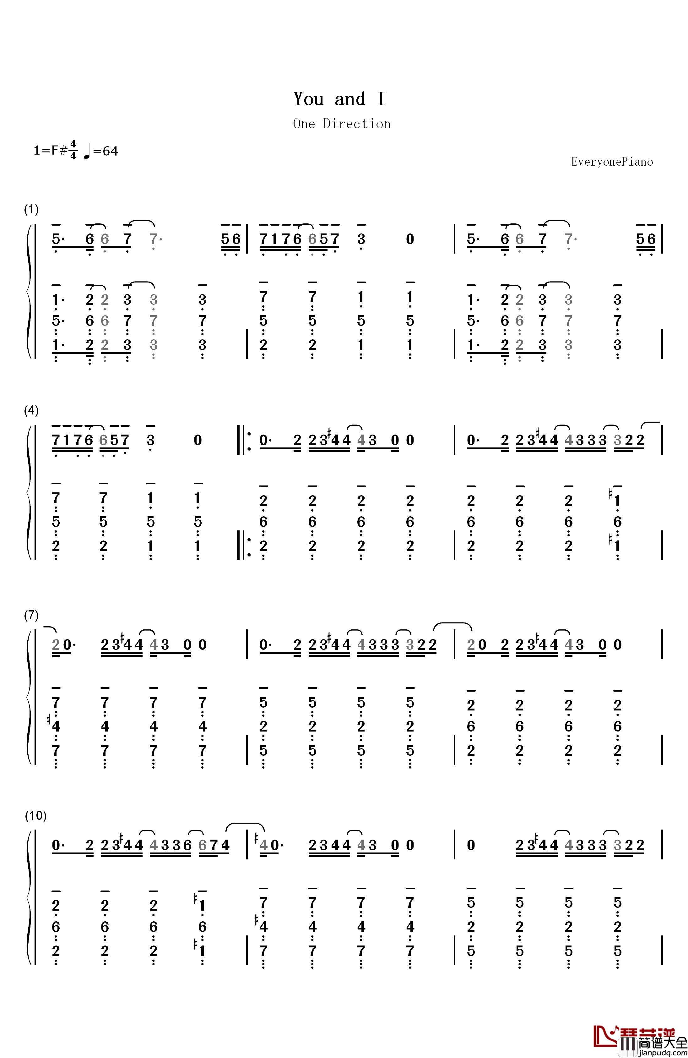 You_and_I钢琴简谱_数字双手_One_Direction
