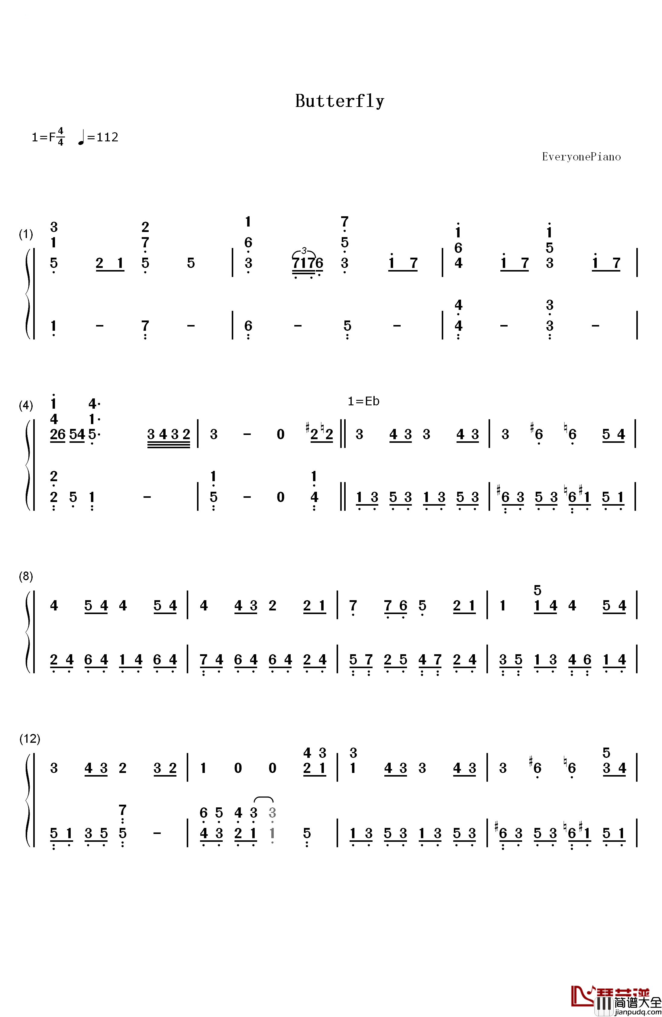 Butterfly钢琴简谱_数字双手_木村KAELA