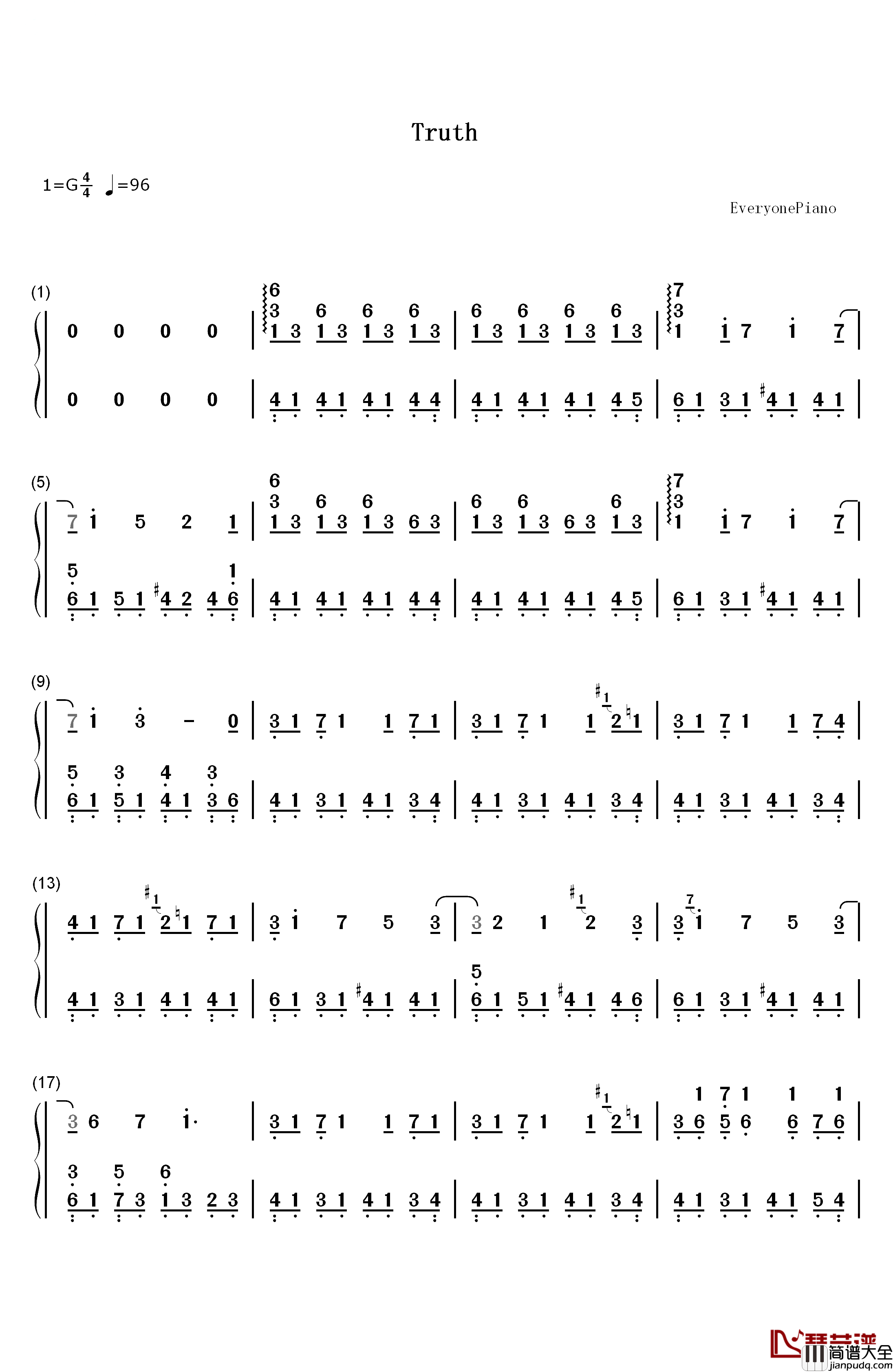 Truth钢琴简谱_数字双手_广桥真纪子