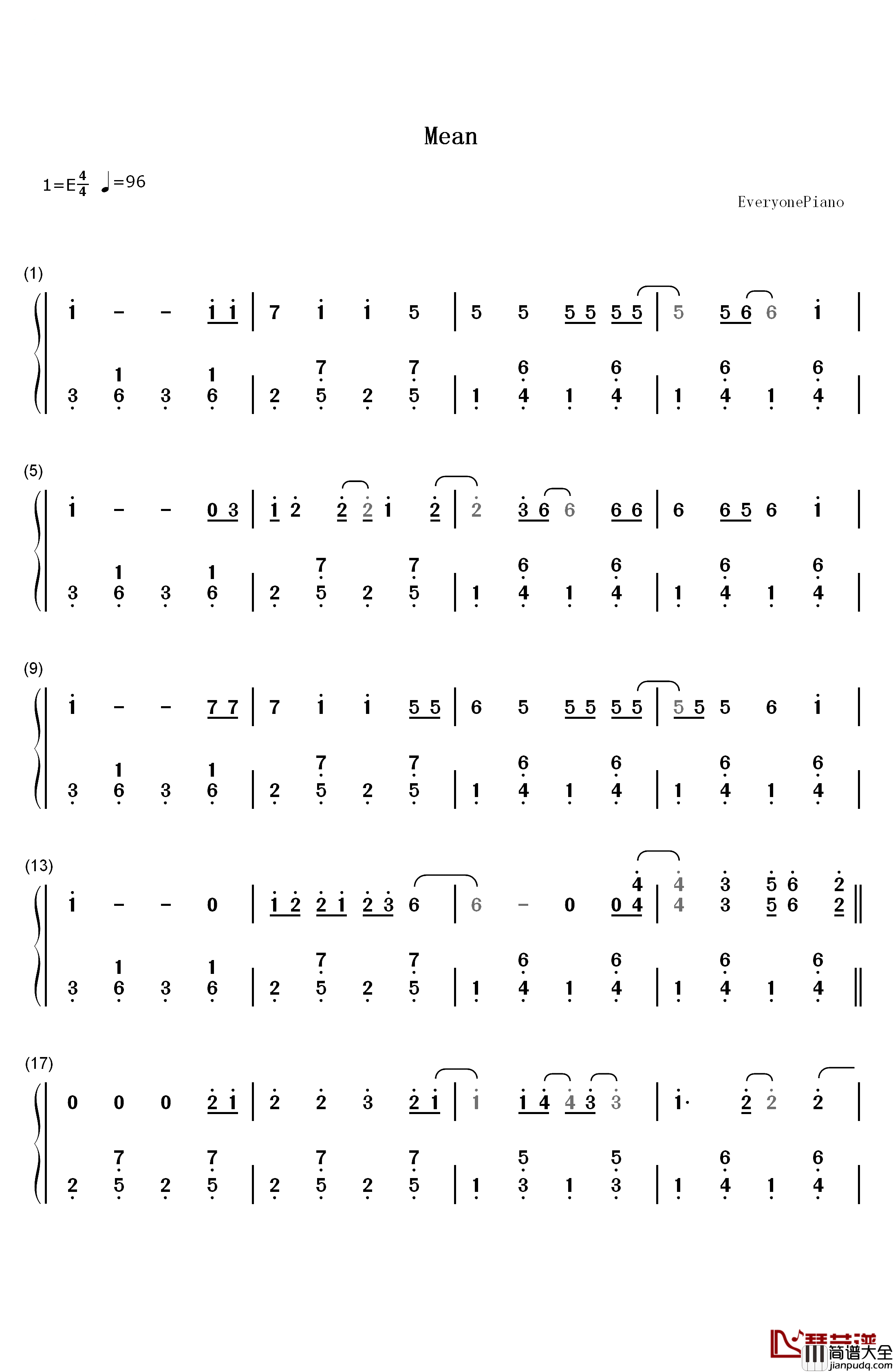 Mean钢琴简谱_数字双手_Taylor_Swift