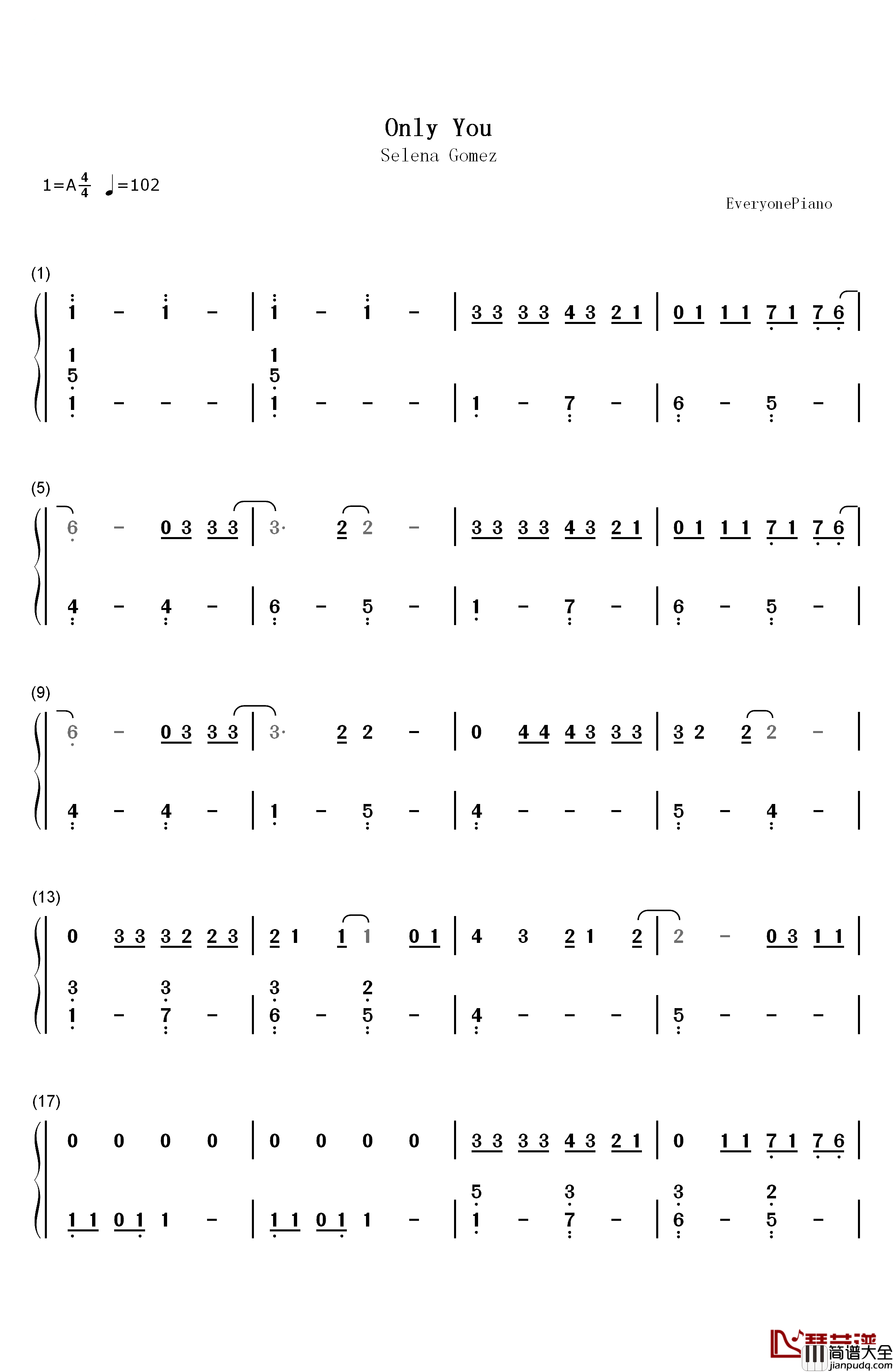 Only_You钢琴简谱_数字双手_Selena_Gomez