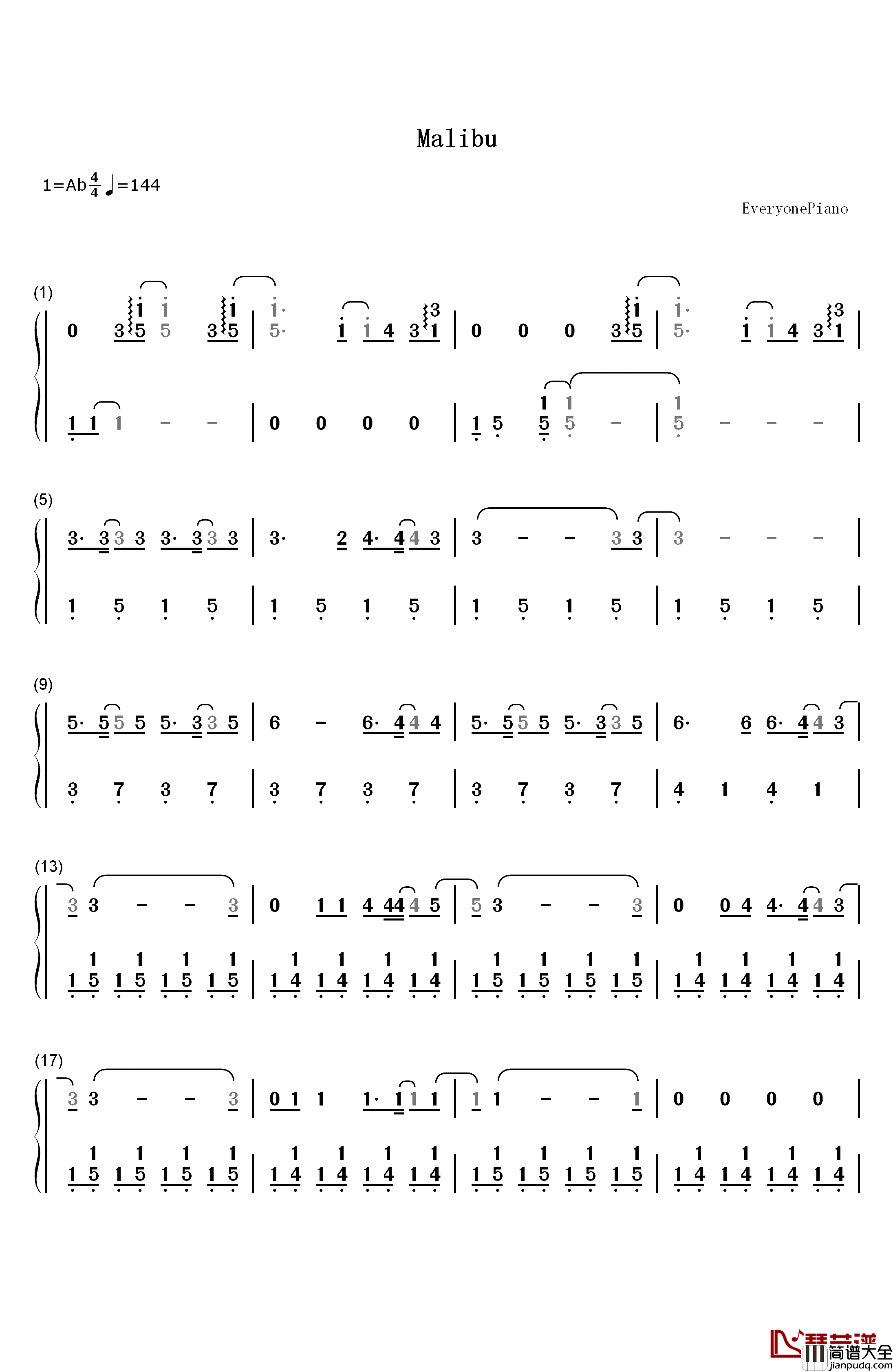 Malibu钢琴简谱_数字双手_Miley_Cyrus