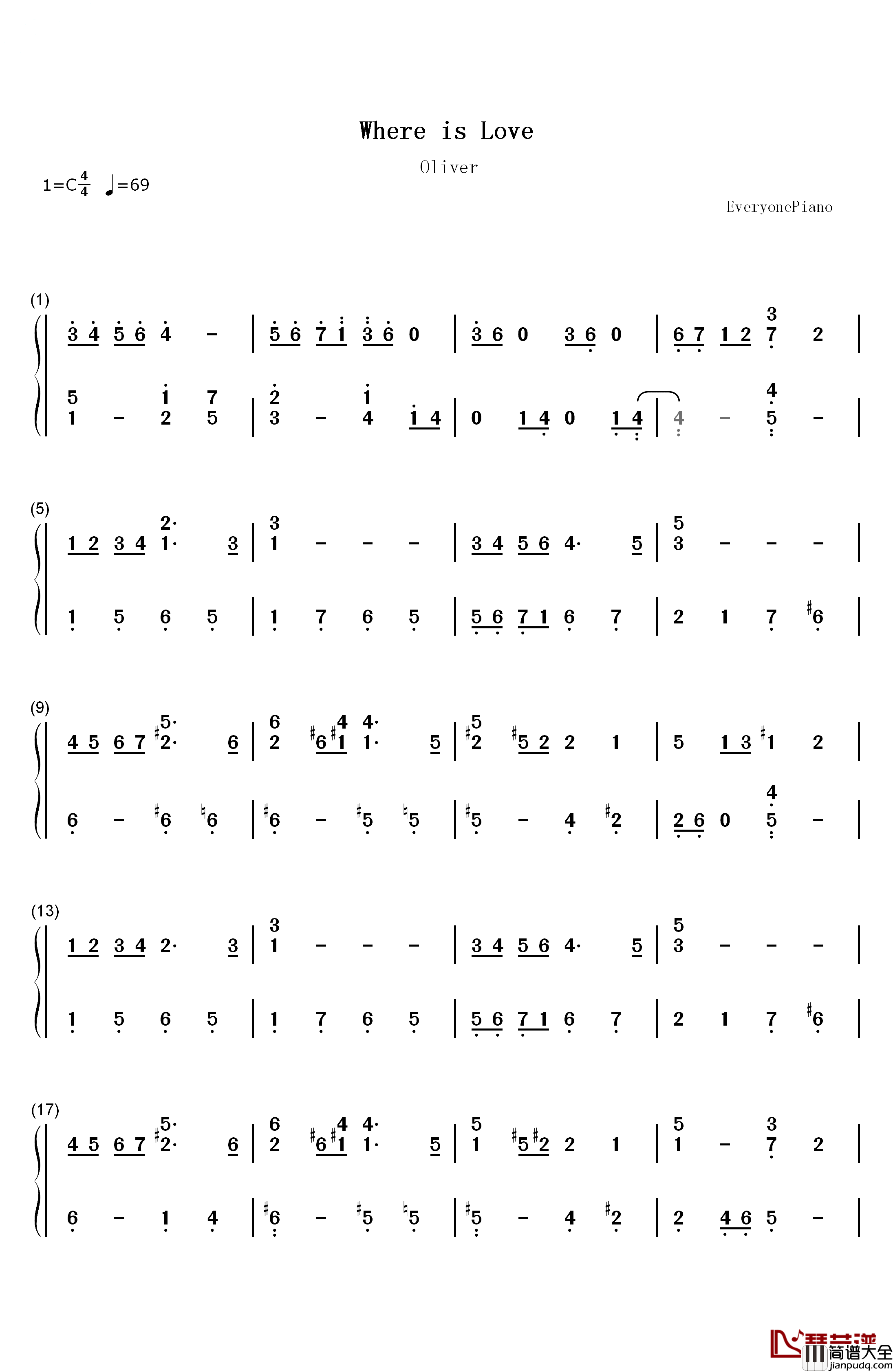 Where_is_love钢琴简谱_数字双手_Joseph_McManners__Mark_Lester