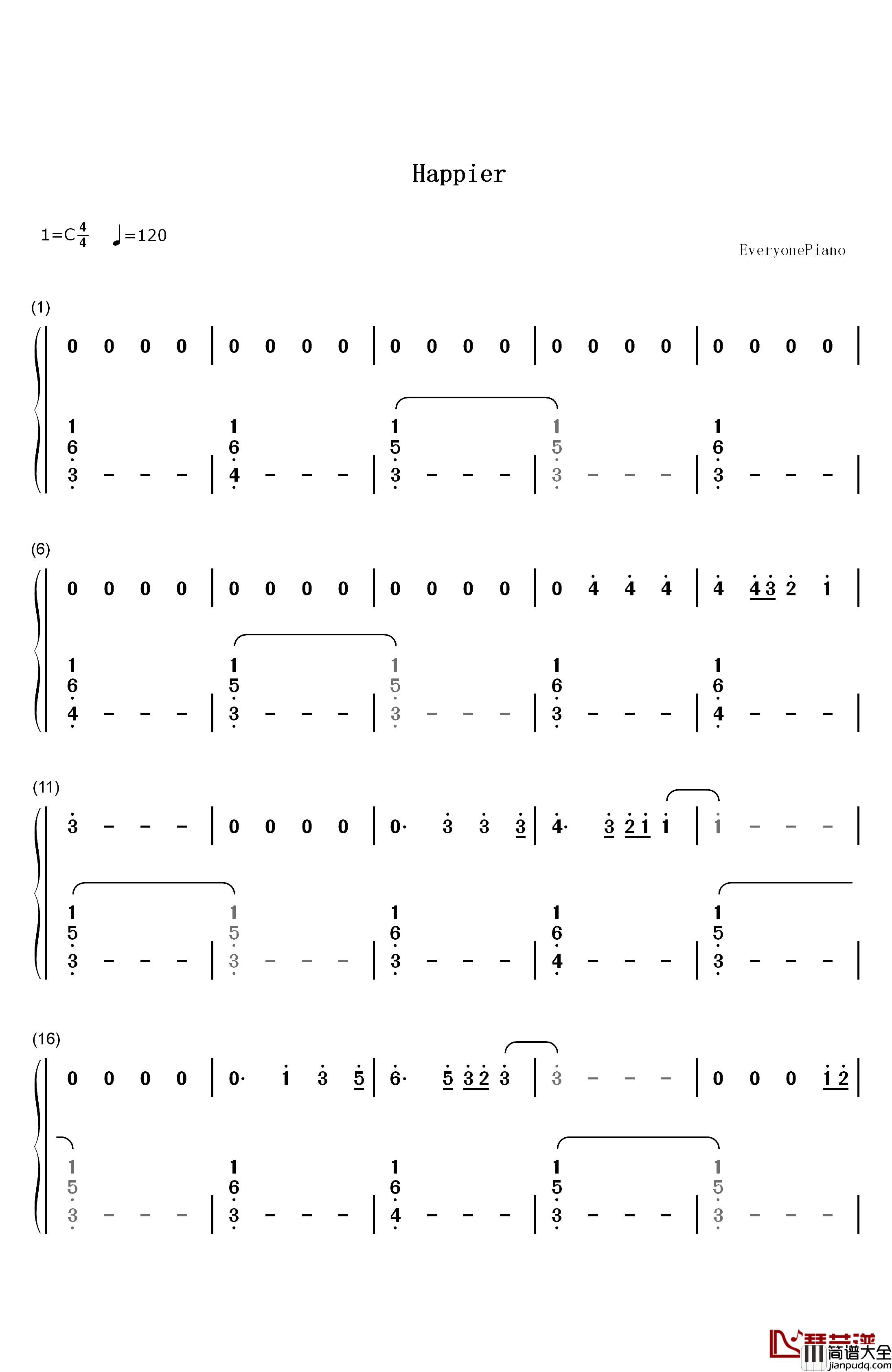 Happier钢琴简谱_数字双手_Ed_Sheeran