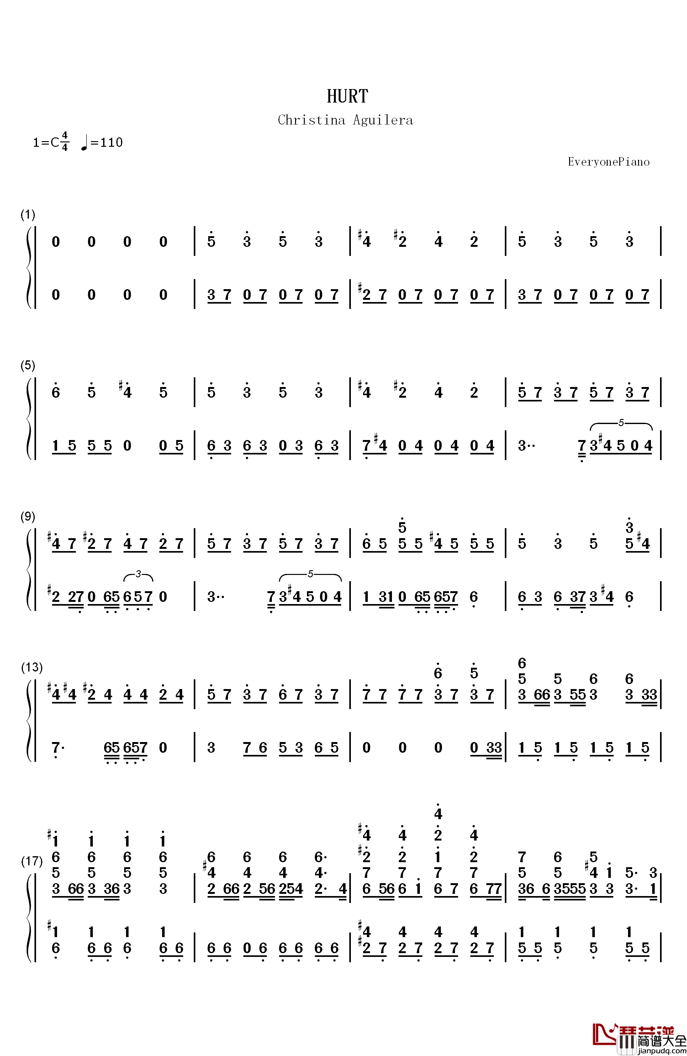 Hurt钢琴简谱_数字双手_Christina_Aguilera
