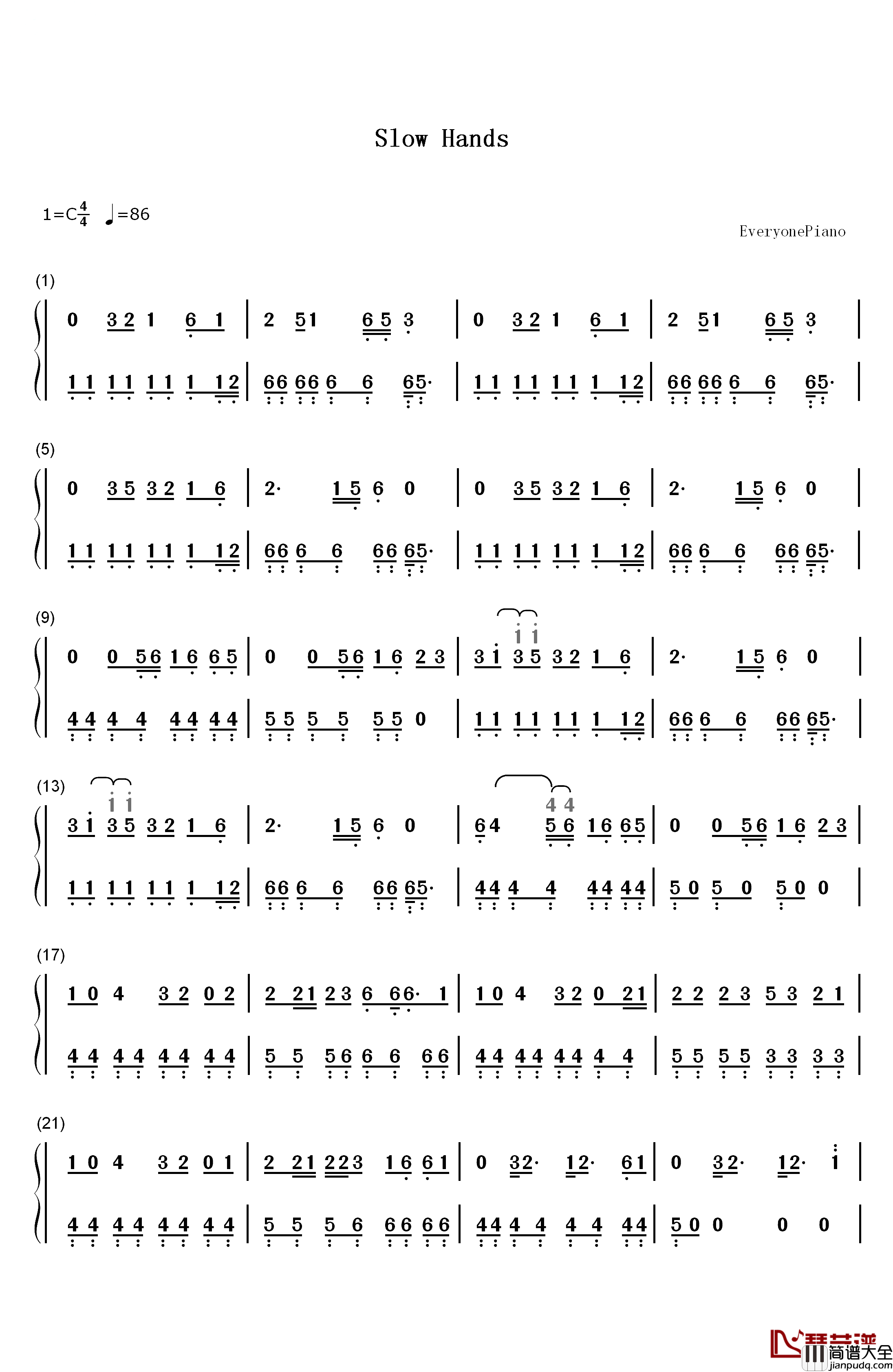 Slow_Hands钢琴简谱_数字双手_Niall_Horan