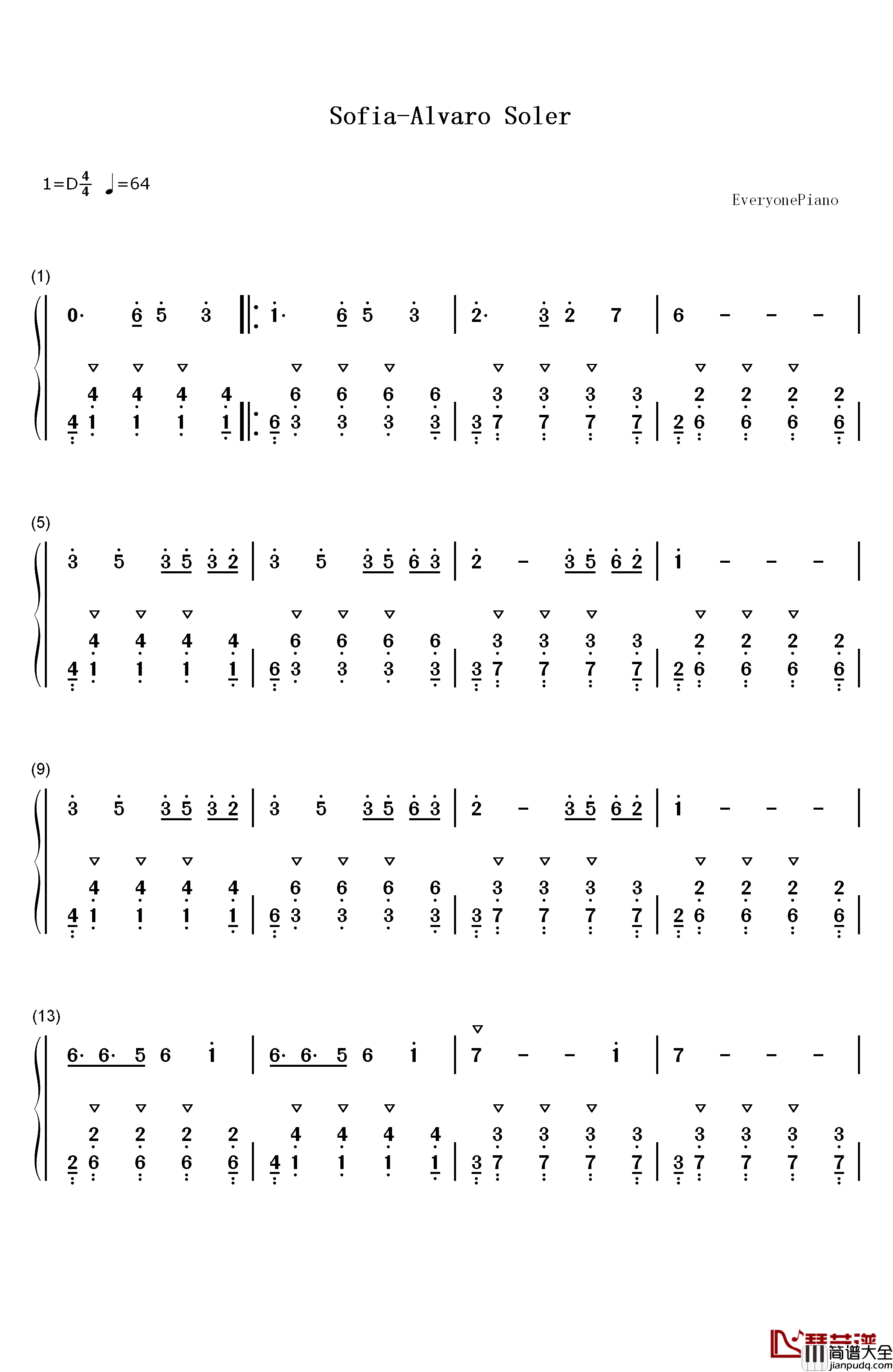 Sofia钢琴简谱_数字双手_Alvaro_Soler