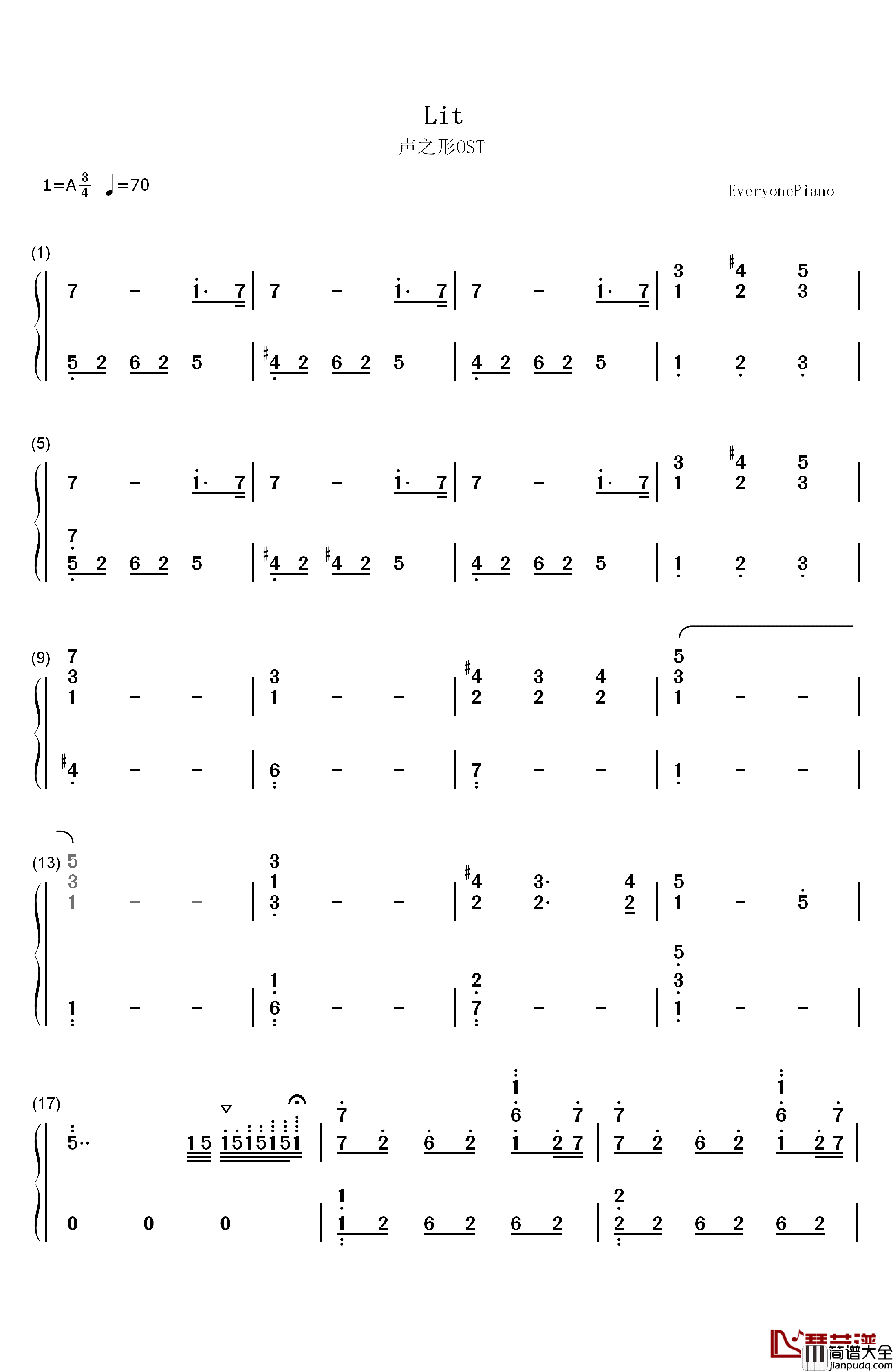 Lit钢琴简谱_数字双手_牛尾宪辅