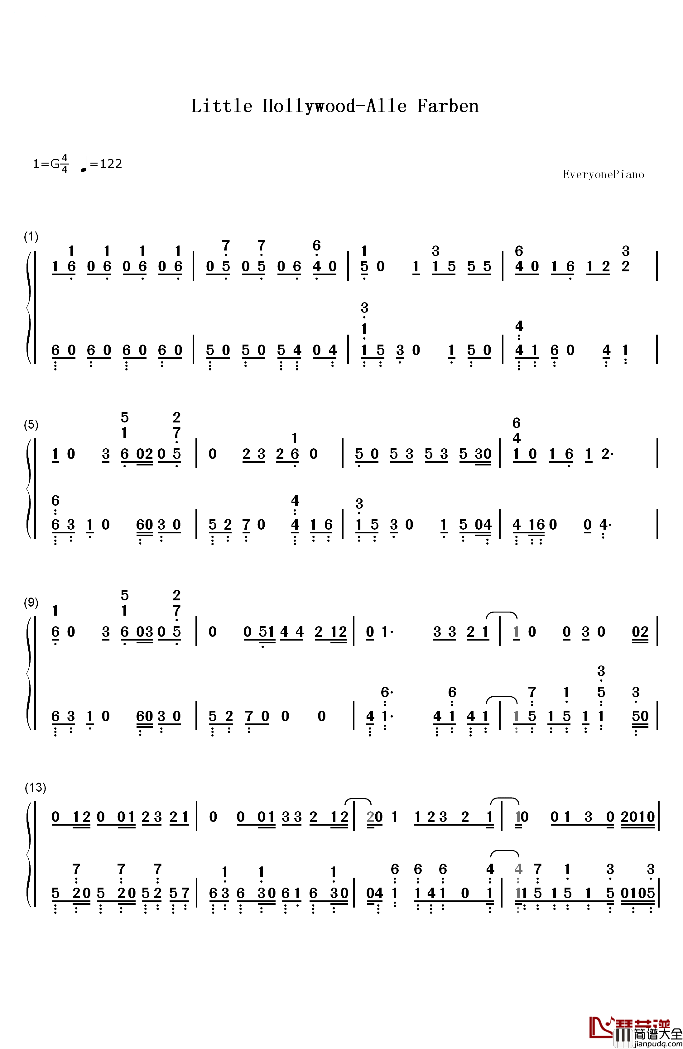 Little_Hollywood钢琴简谱_数字双手_Alle_Farben