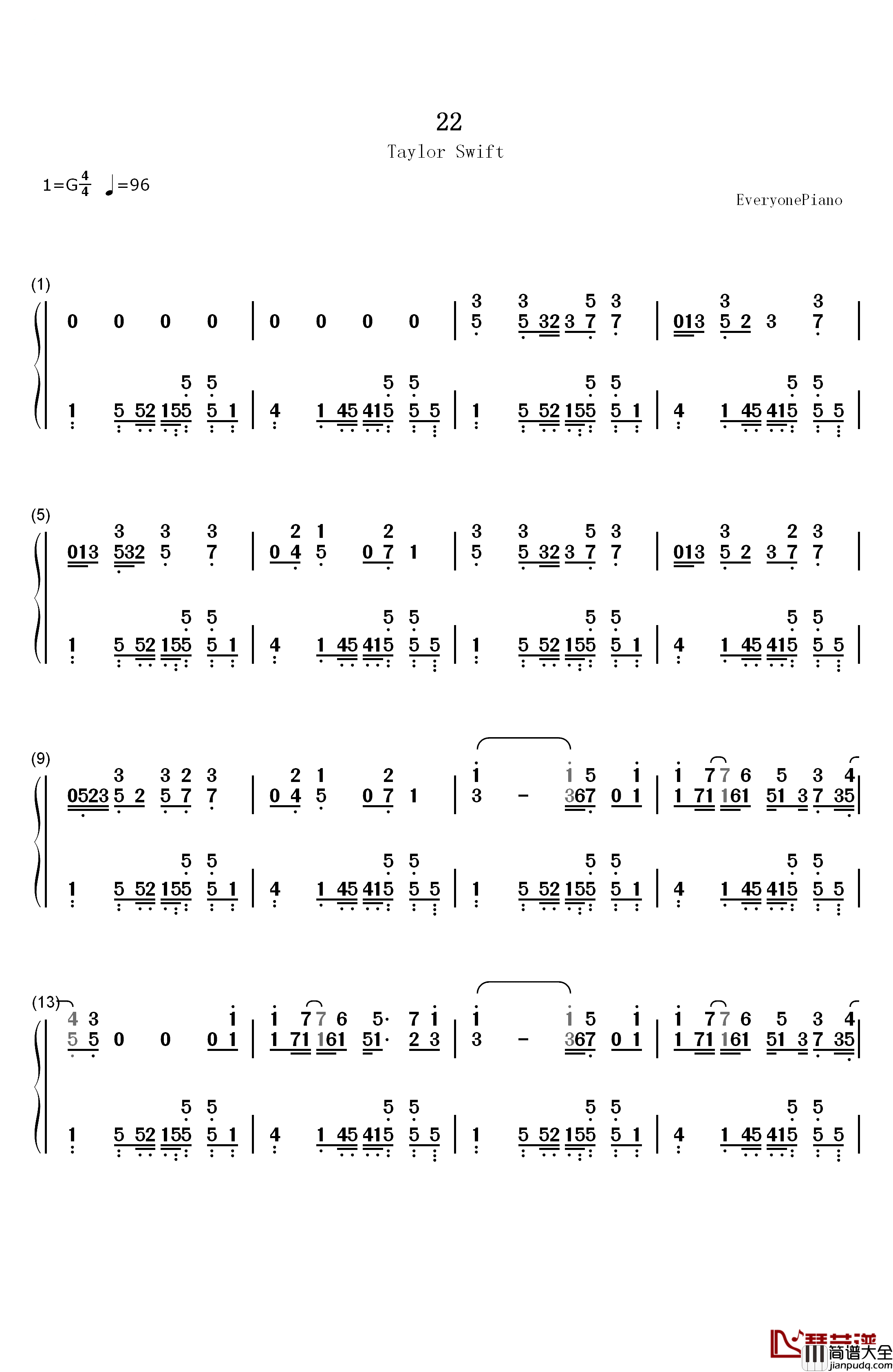 22钢琴简谱_数字双手_Taylor_Swift