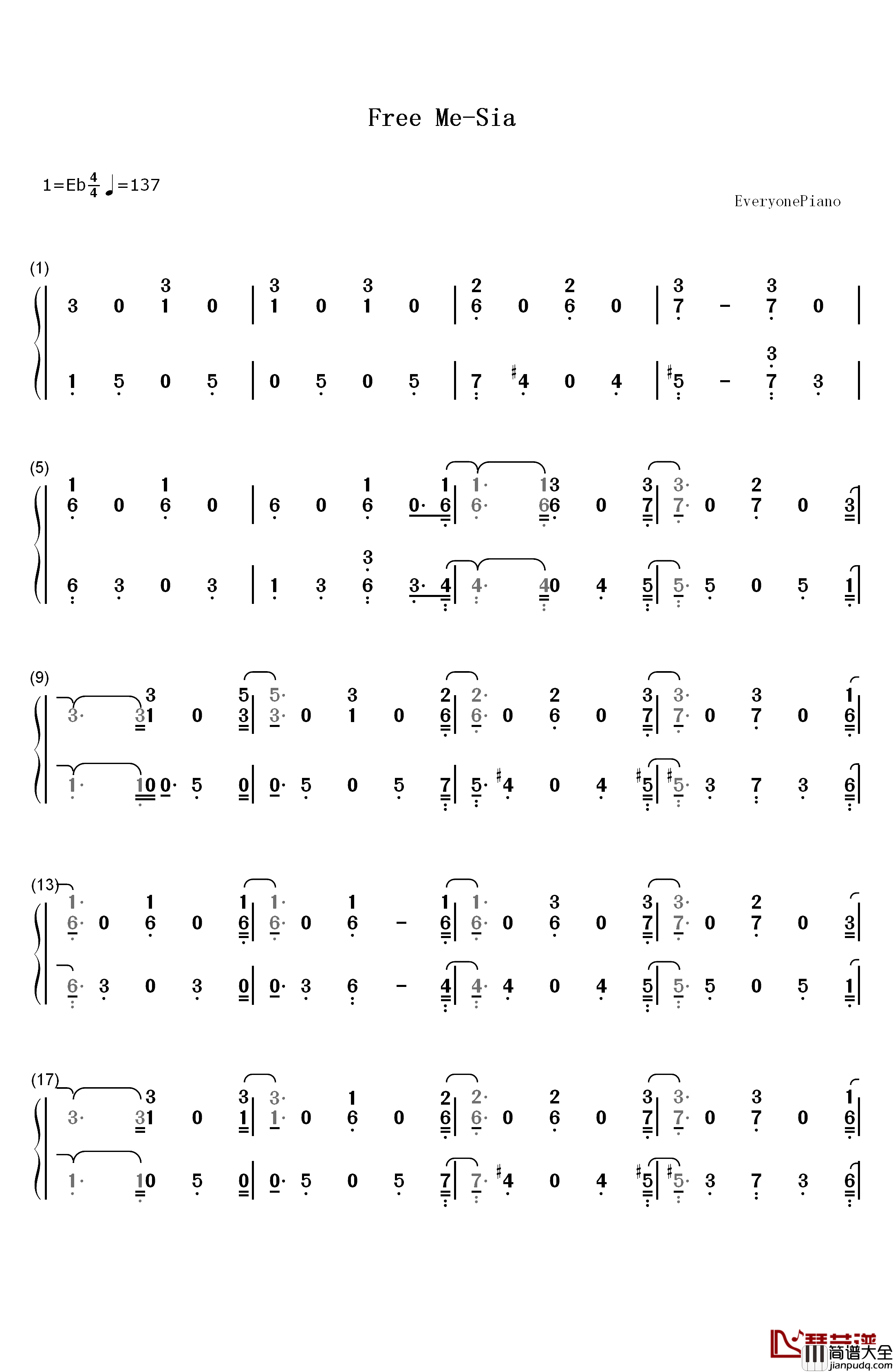 Free_Me钢琴简谱_数字双手_Sia