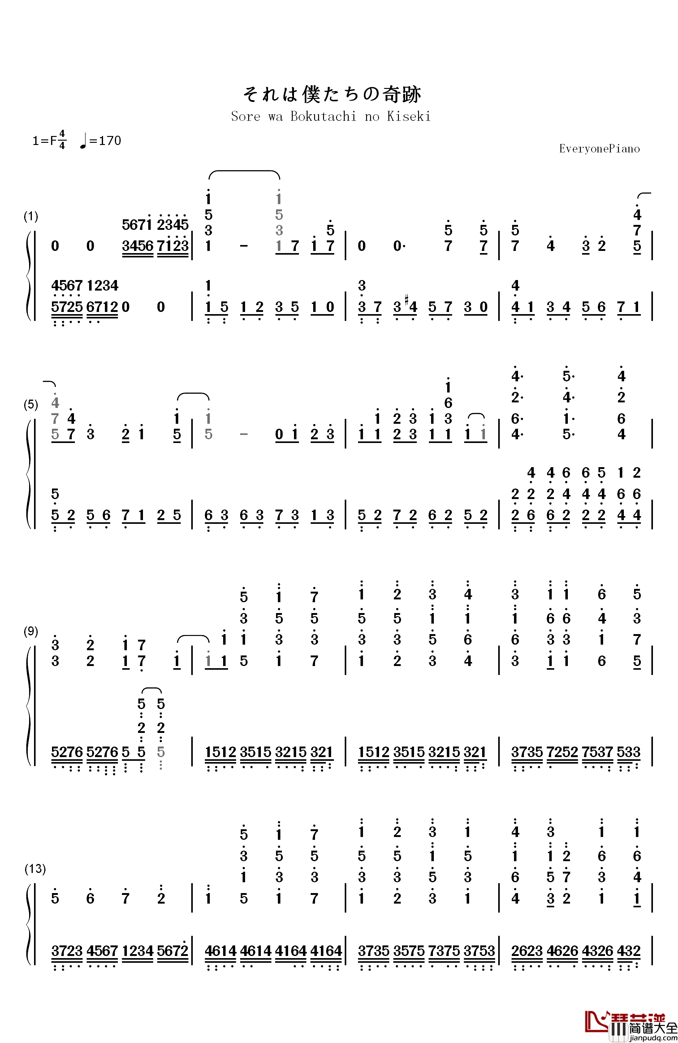 それは仆たちの奇迹钢琴简谱_数字双手_μ's