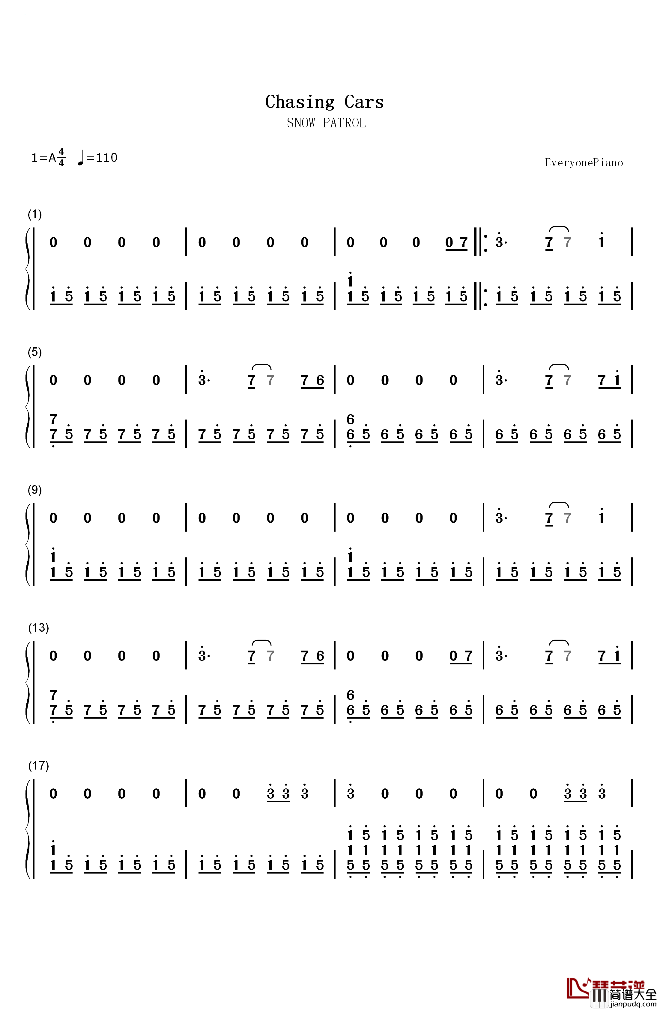 Chasing_Cars_伴奏钢琴简谱_数字双手_Snow_Patrol