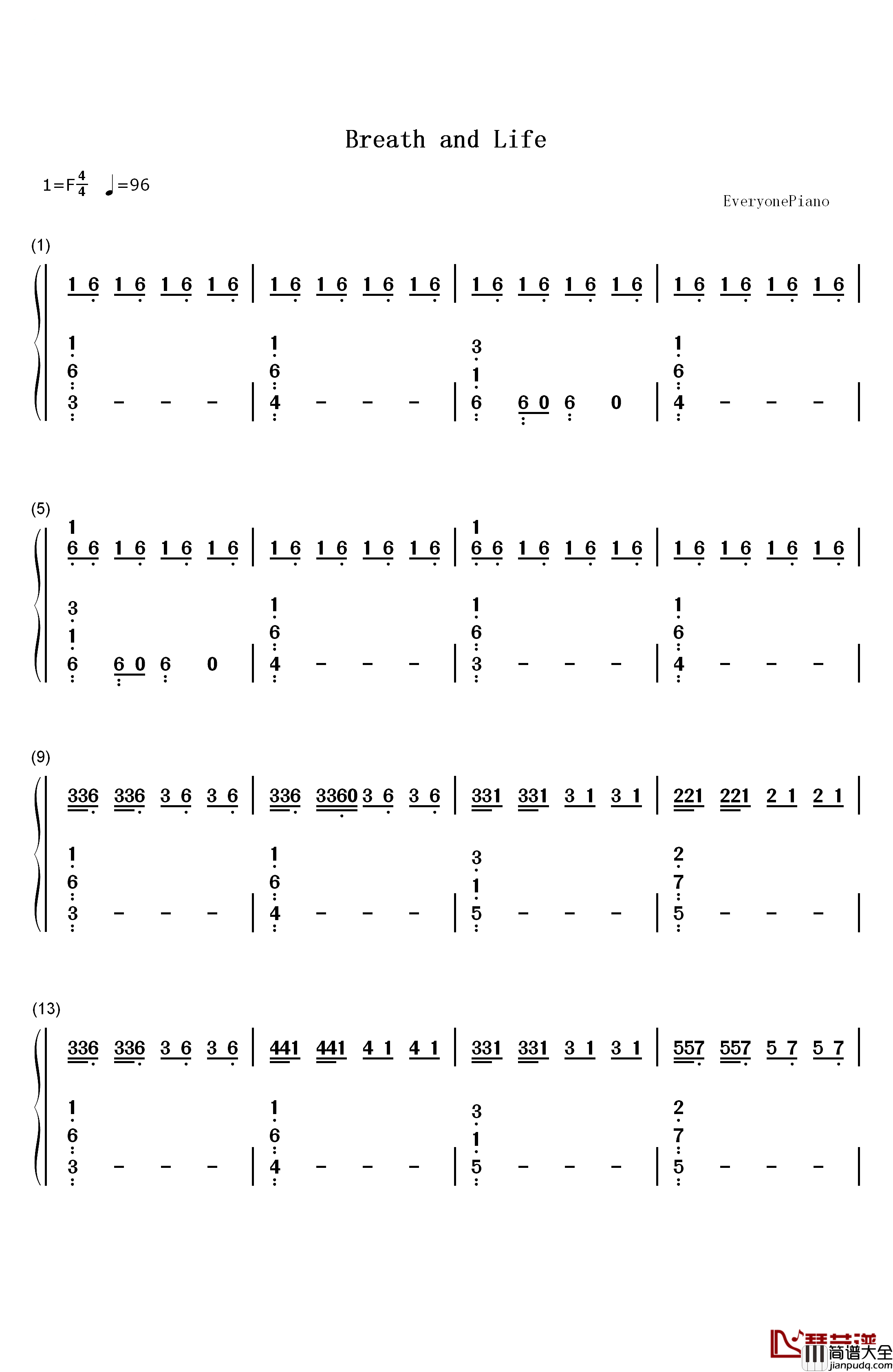 Breath_and_Life钢琴简谱_数字双手_Audiomachine