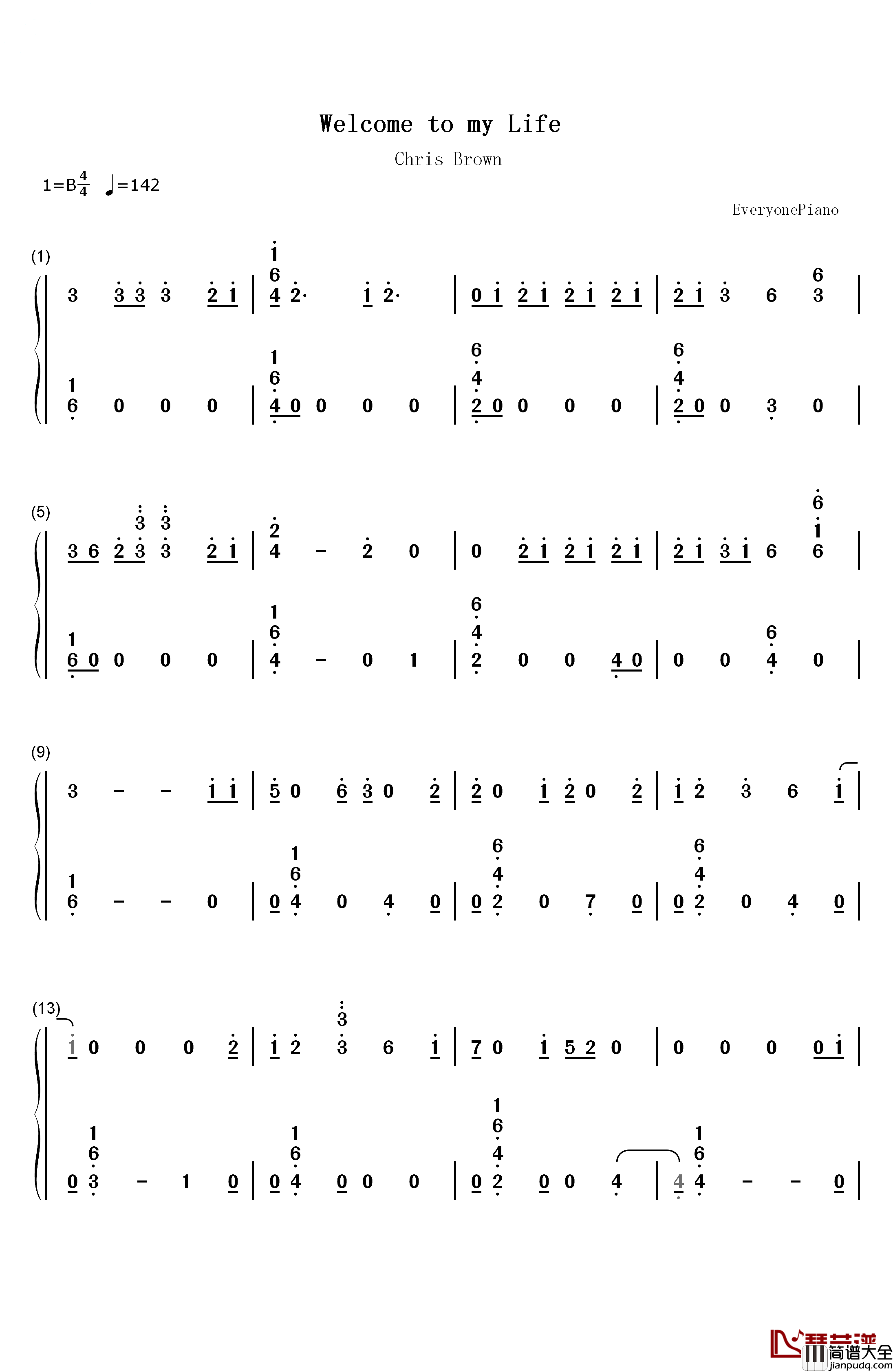 Welcome_to_My_Life钢琴简谱_数字双手_Chris_Brown